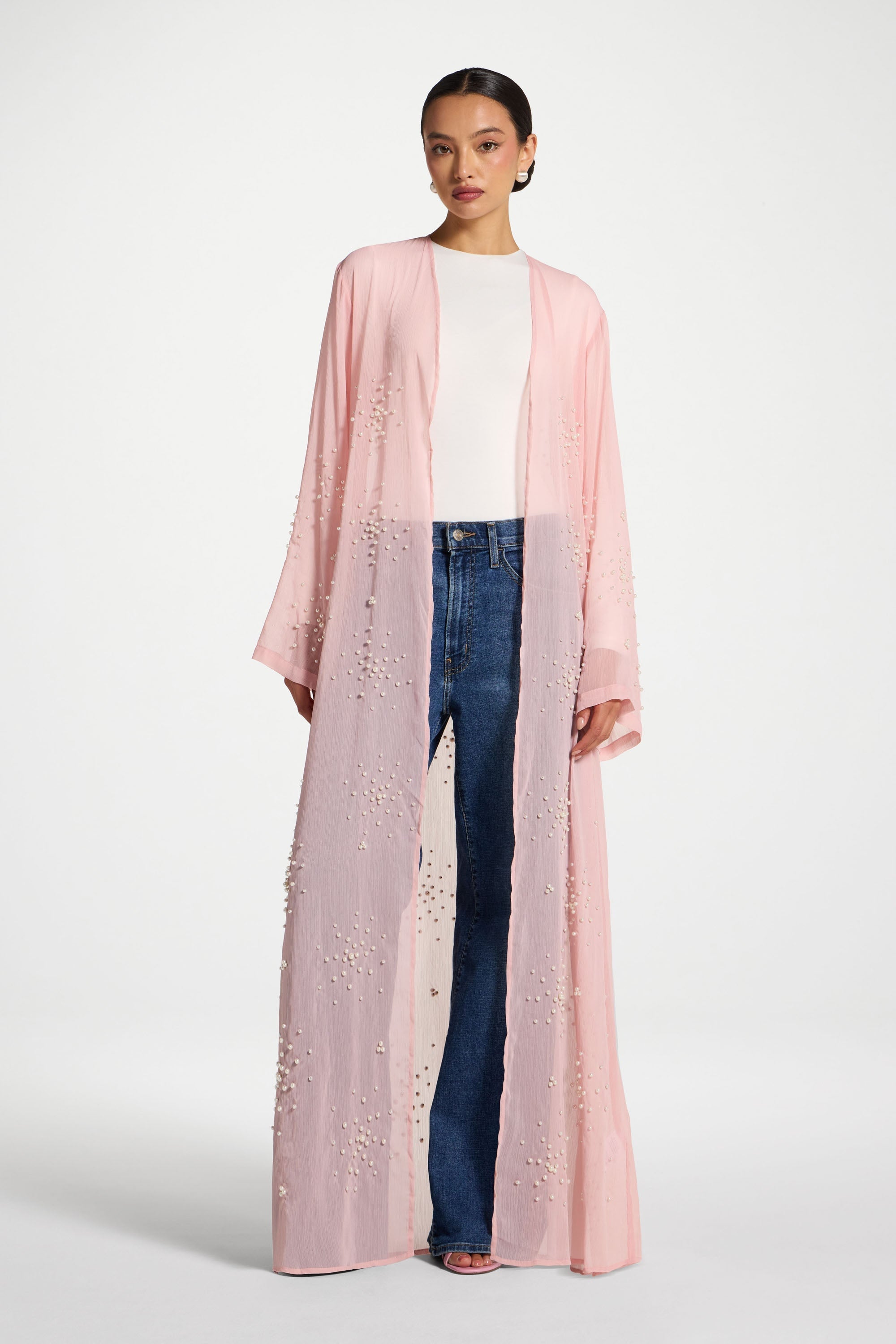 Pearl Embellished Open Abaya - Baby Pink Abayas Veiled 