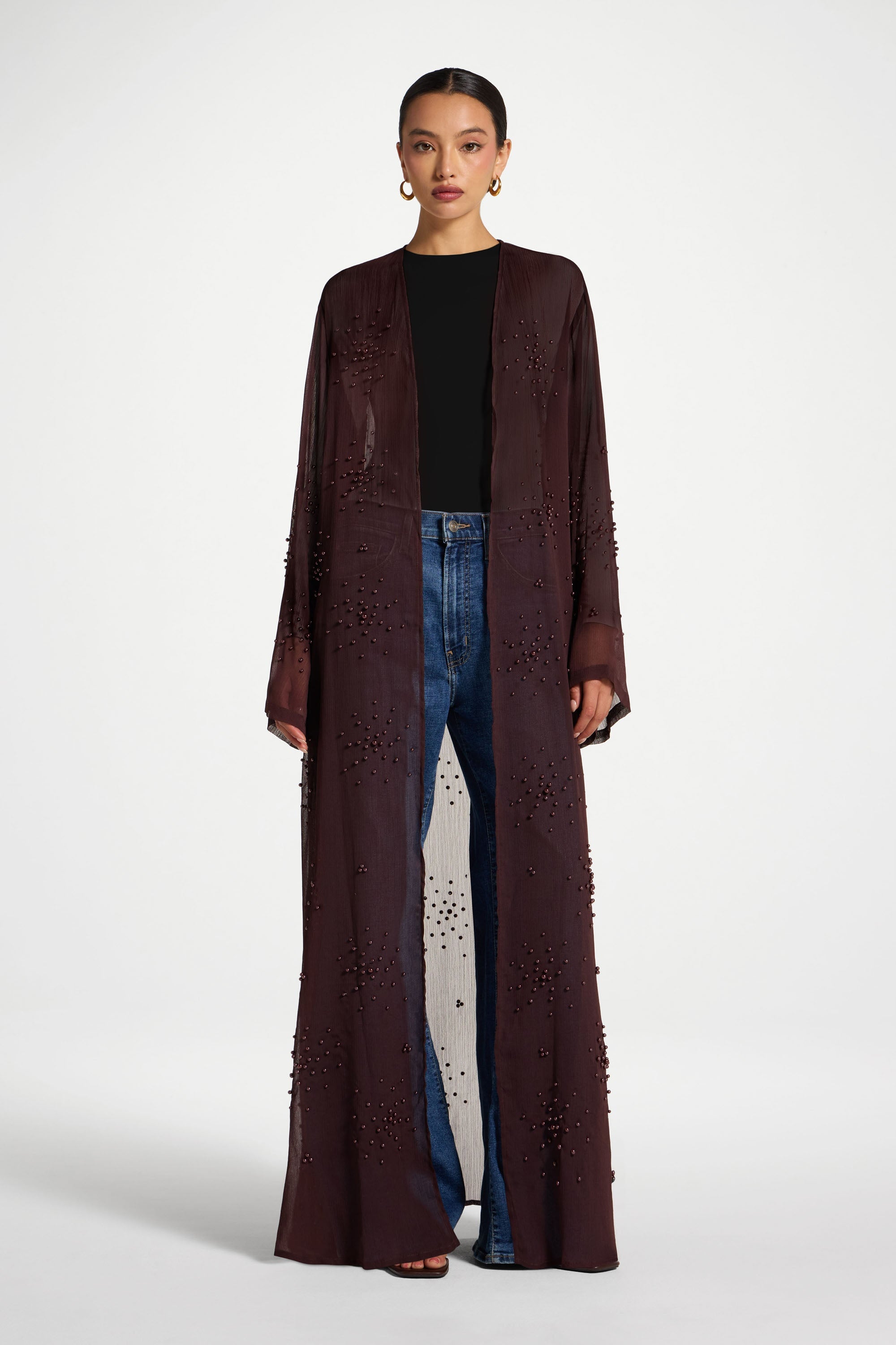 Pearl Embellished Open Abaya - Chocolate Plum Abayas Veiled 