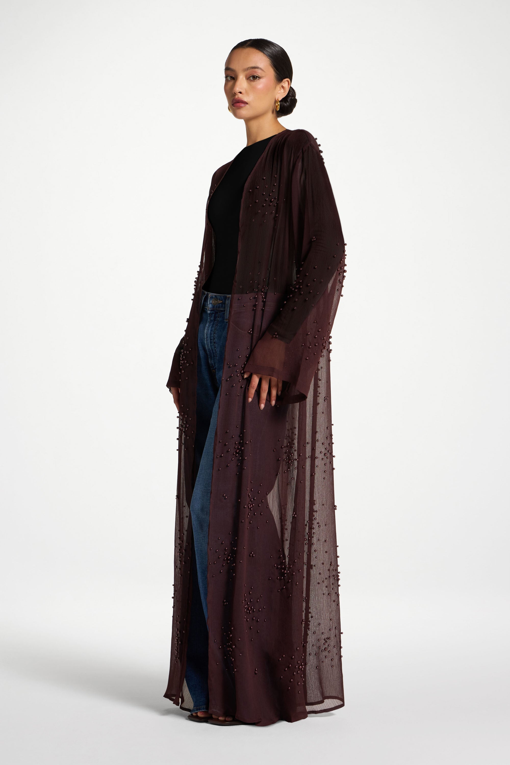 Pearl Embellished Open Abaya - Chocolate Plum Abayas Veiled 