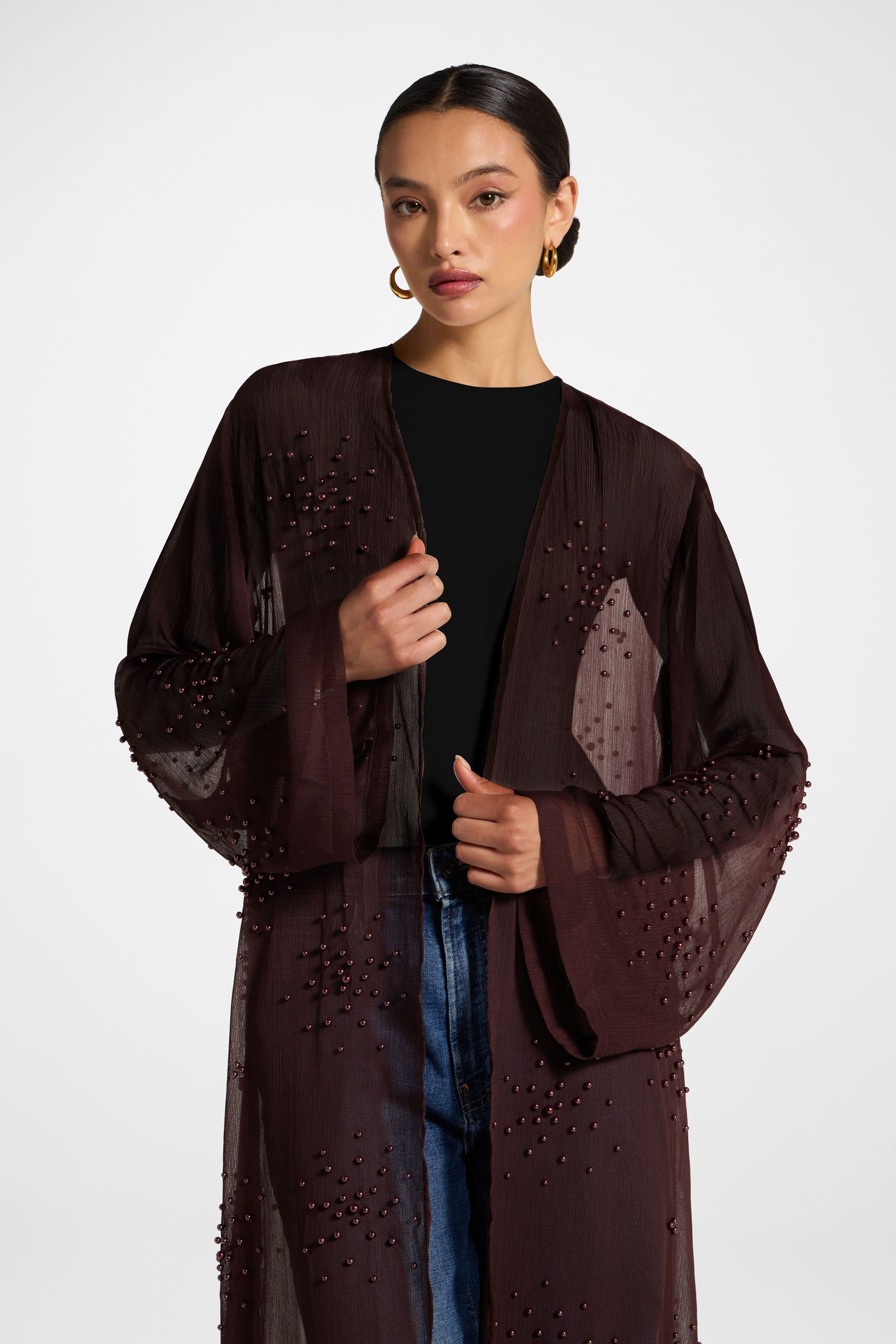 Pearl Embellished Open Abaya - Chocolate Plum Abayas Veiled 