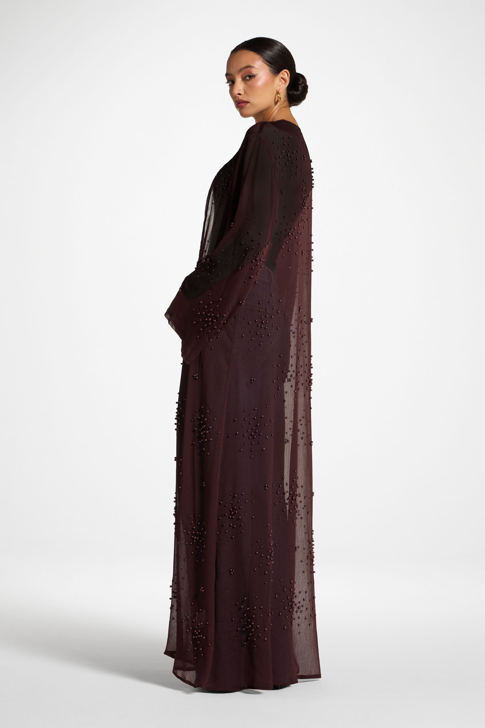 Pearl Embellished Open Abaya - Chocolate Plum Abayas Veiled 