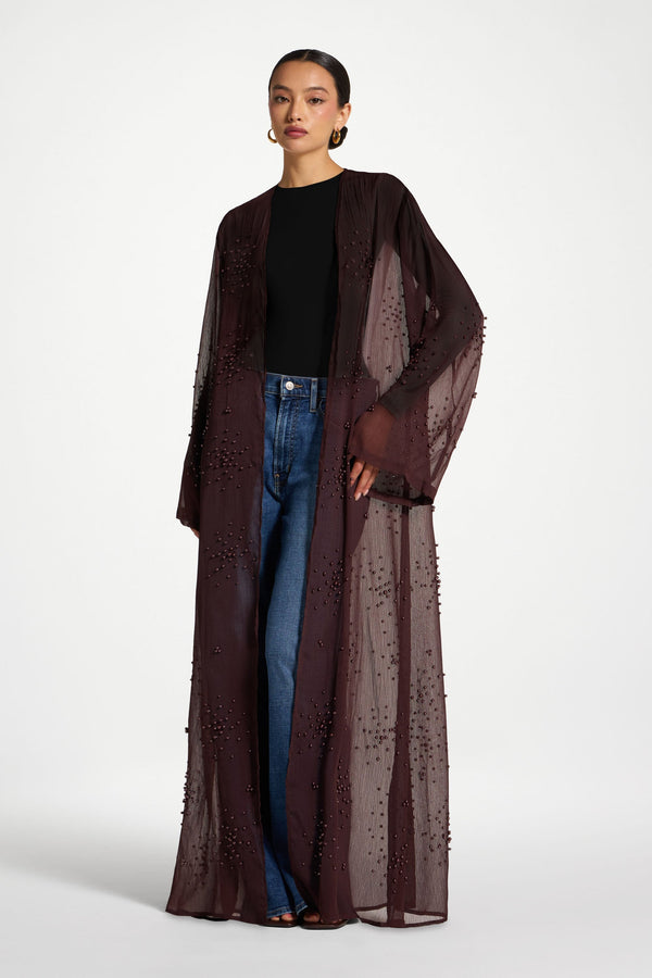 Pearl Embellished Open Abaya - Chocolate Plum Abayas Veiled 