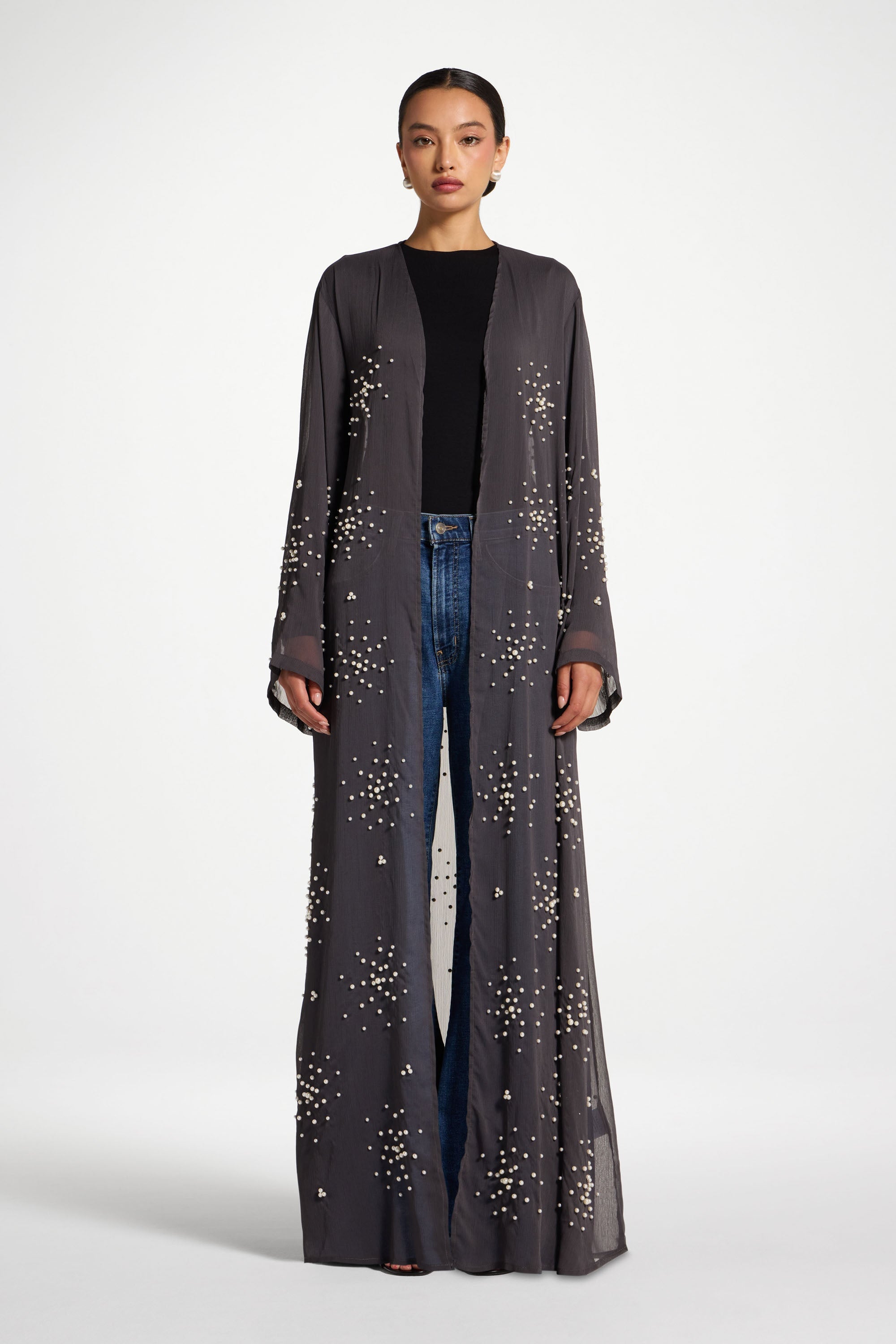 Pearl Embellished Open Abaya - Dark Grey Abayas Veiled 