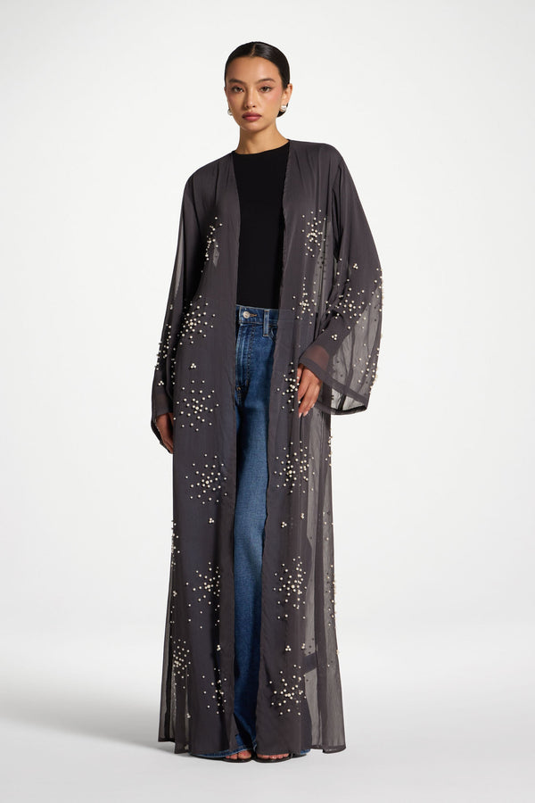 Pearl Embellished Open Abaya - Dark Grey Abayas Veiled 