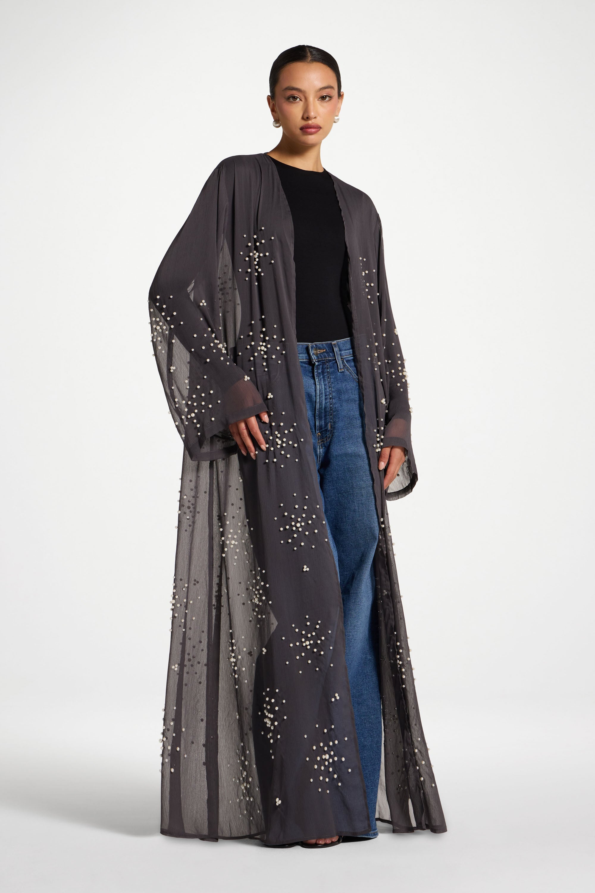 Pearl Embellished Open Abaya - Dark Grey Abayas Veiled 