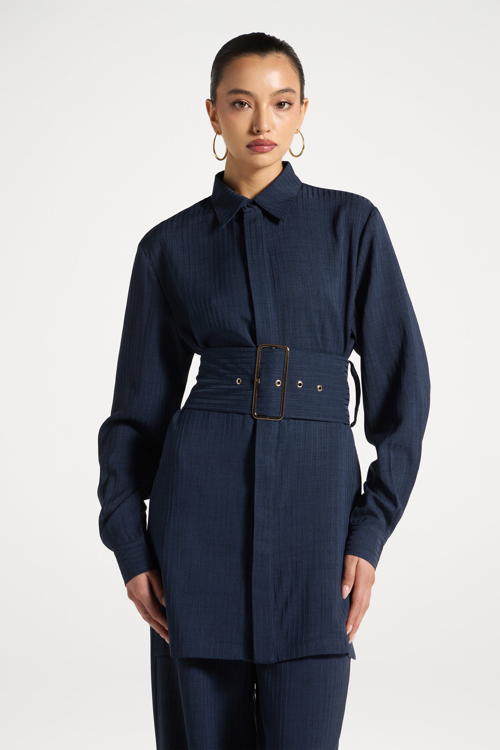Pinstripe Belted Top - Heritage Blue Abayas Veiled 