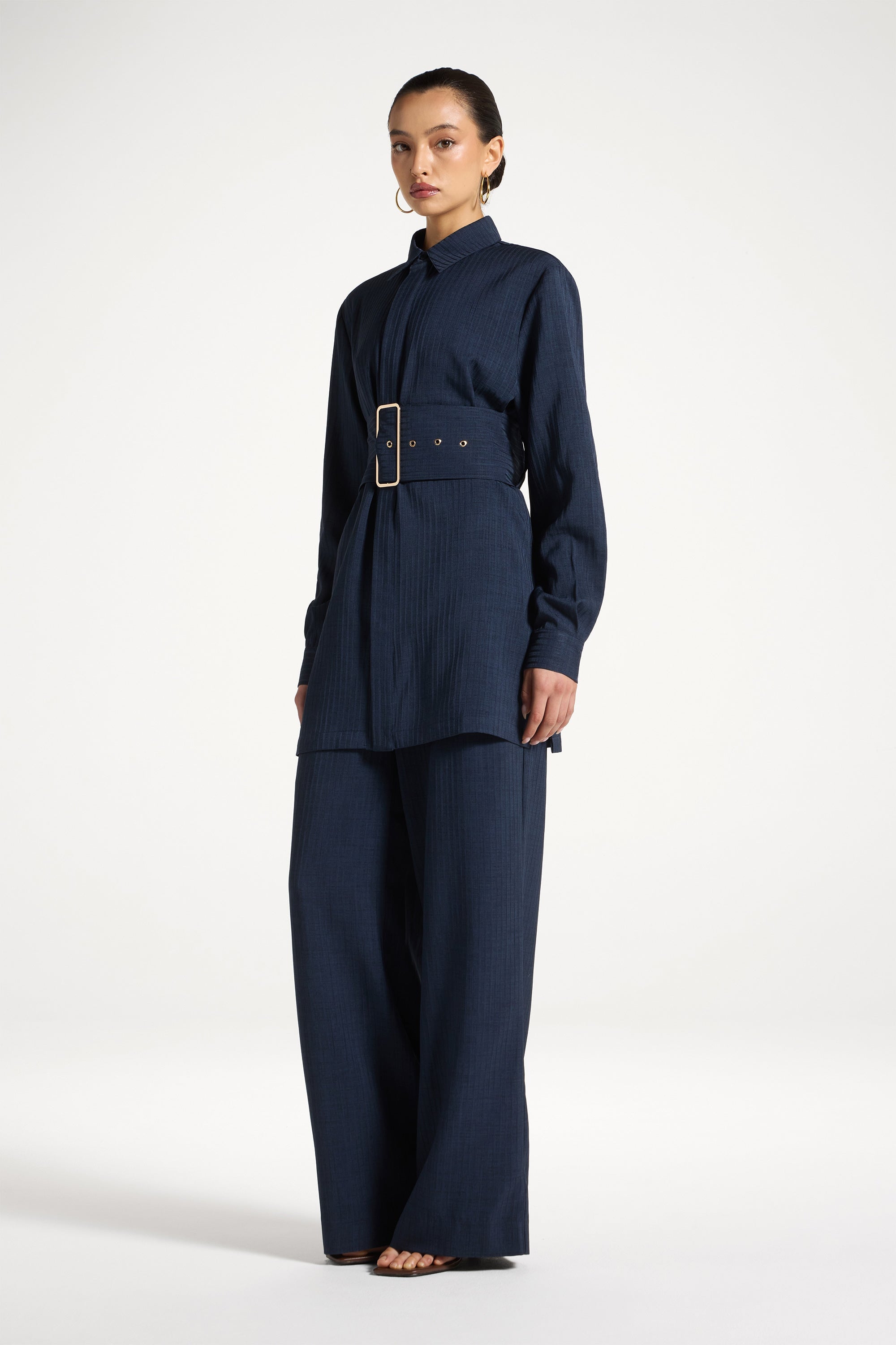 Pinstripe Belted Top - Heritage Blue Abayas Veiled 
