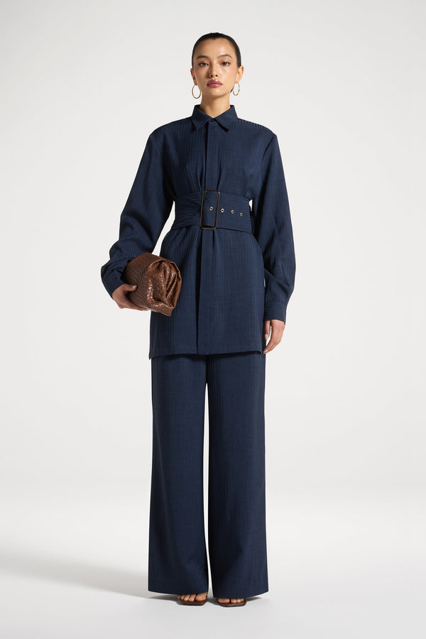 Pinstripe Belted Top - Heritage Blue Abayas Veiled 