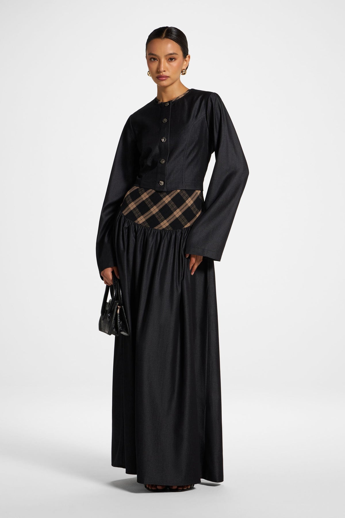 Plaid Bias Lace Up Dress - Black Denim Dress Veiled 