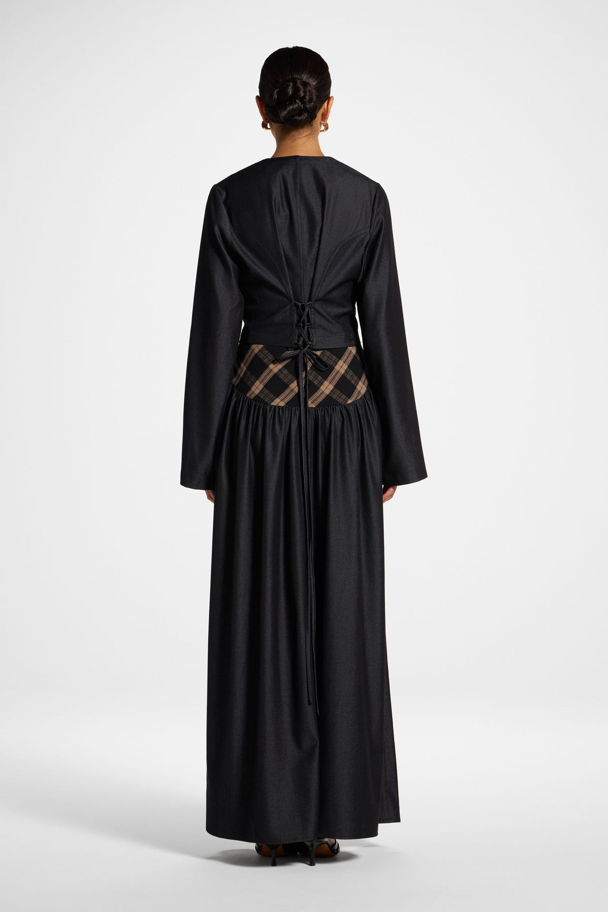 Plaid Bias Lace Up Dress - Black Denim Dress Veiled 