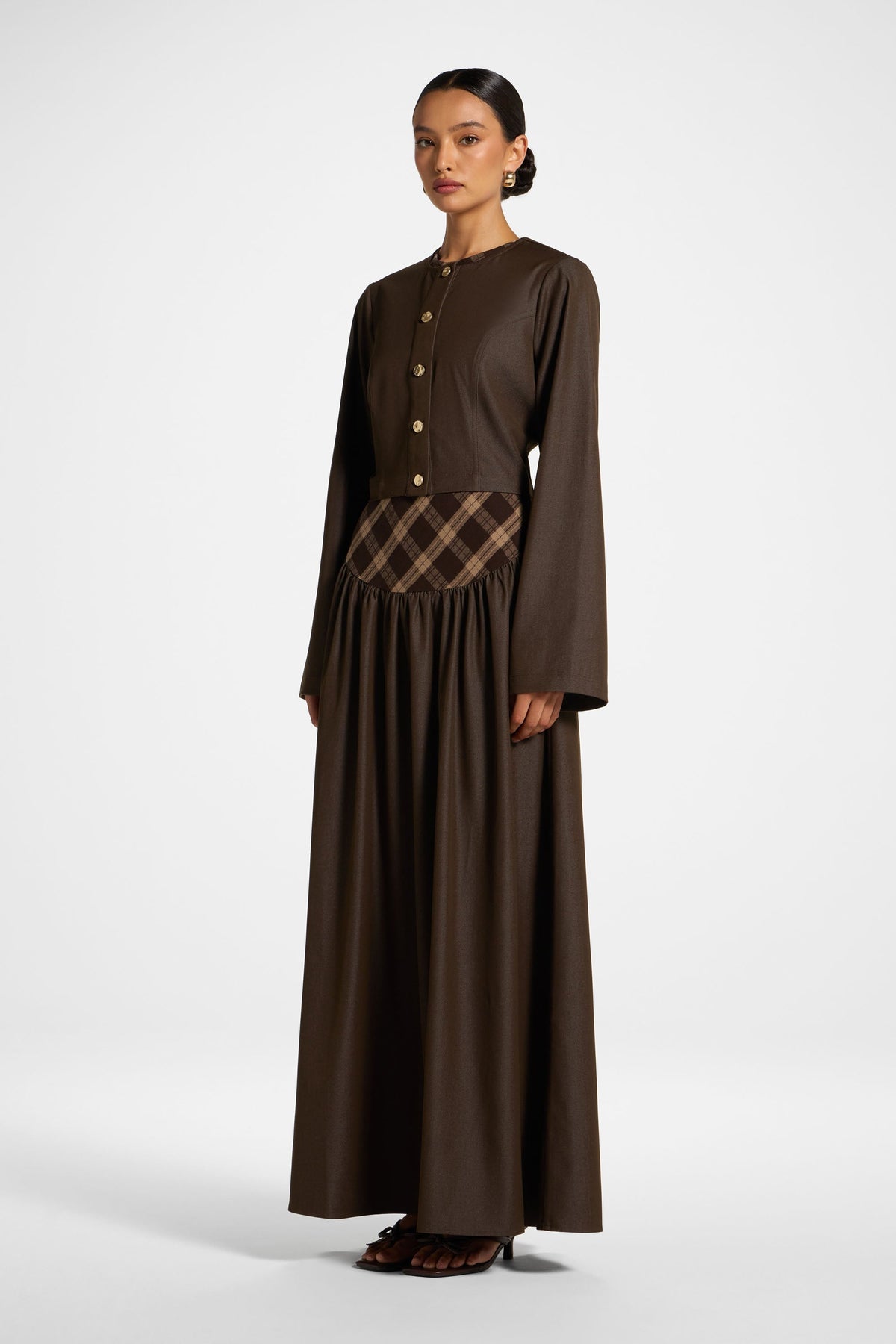 Plaid Bias Lace Up Dress - Brown Dress Veiled 