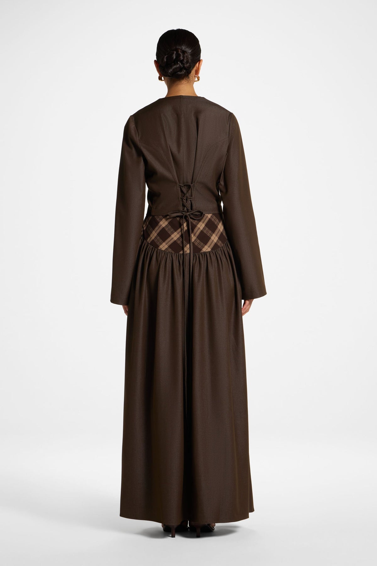 Plaid Bias Lace Up Dress - Brown Dress Veiled 