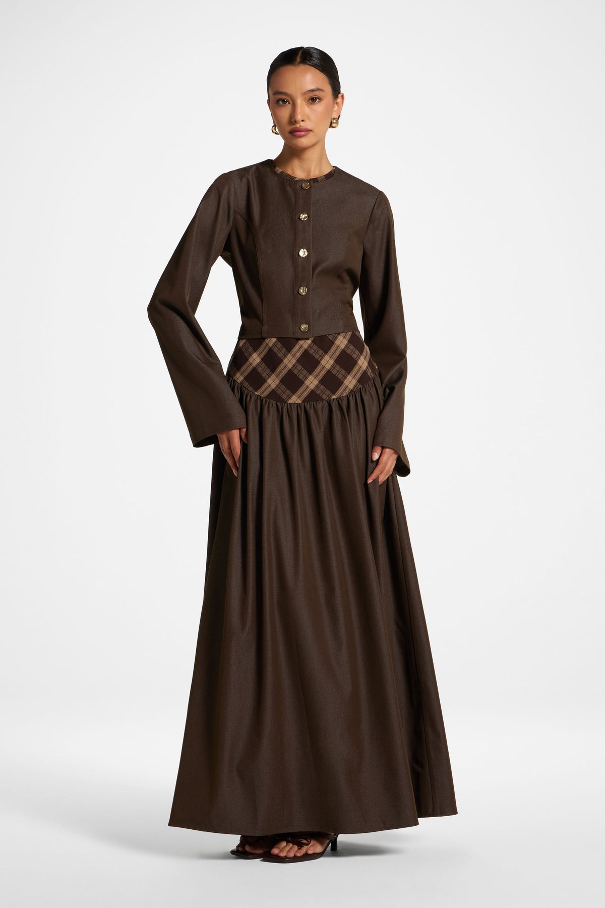 Plaid Bias Lace Up Dress - Brown Dress Veiled 