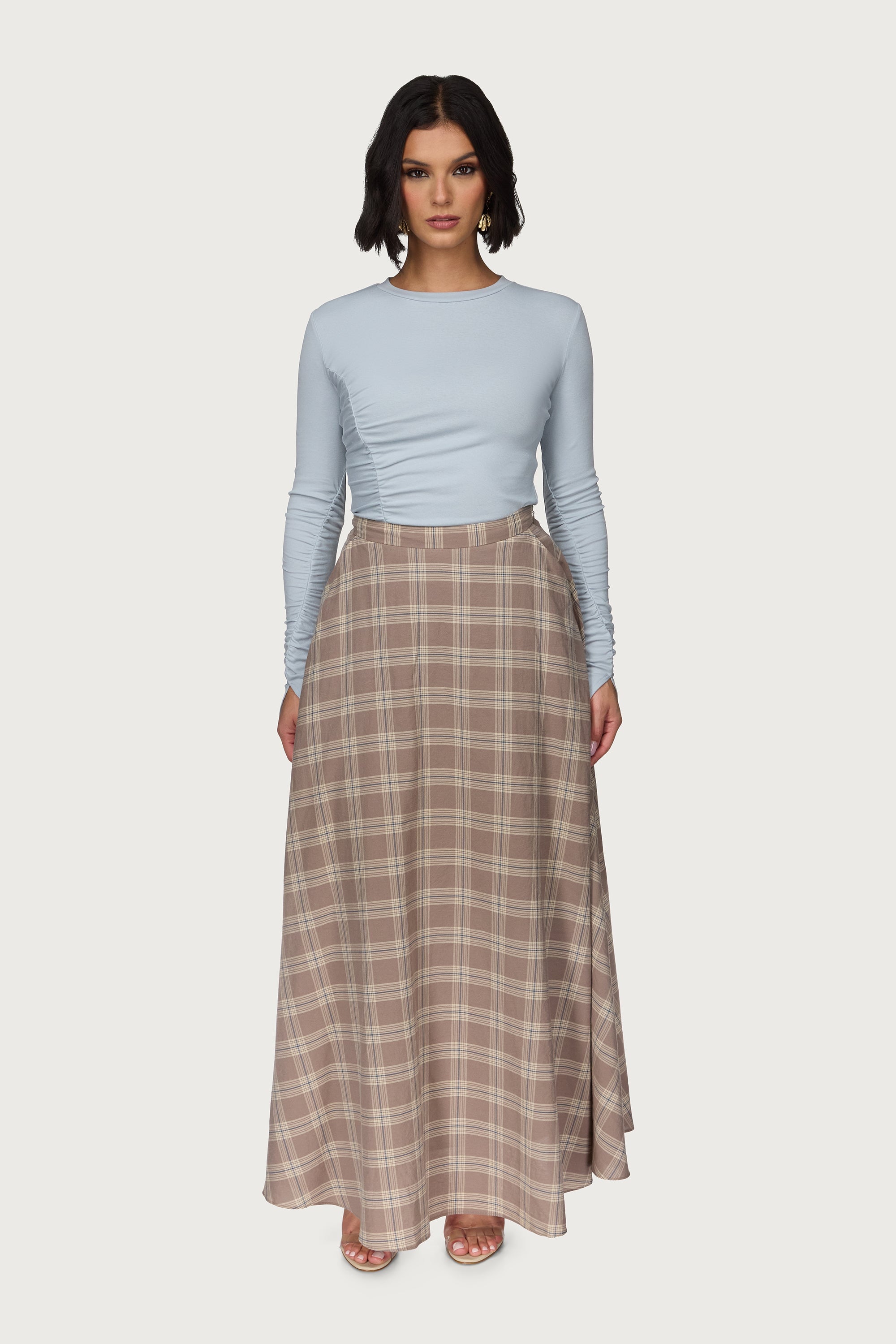Plaid Cotton Flare Skirt - Light Brown
