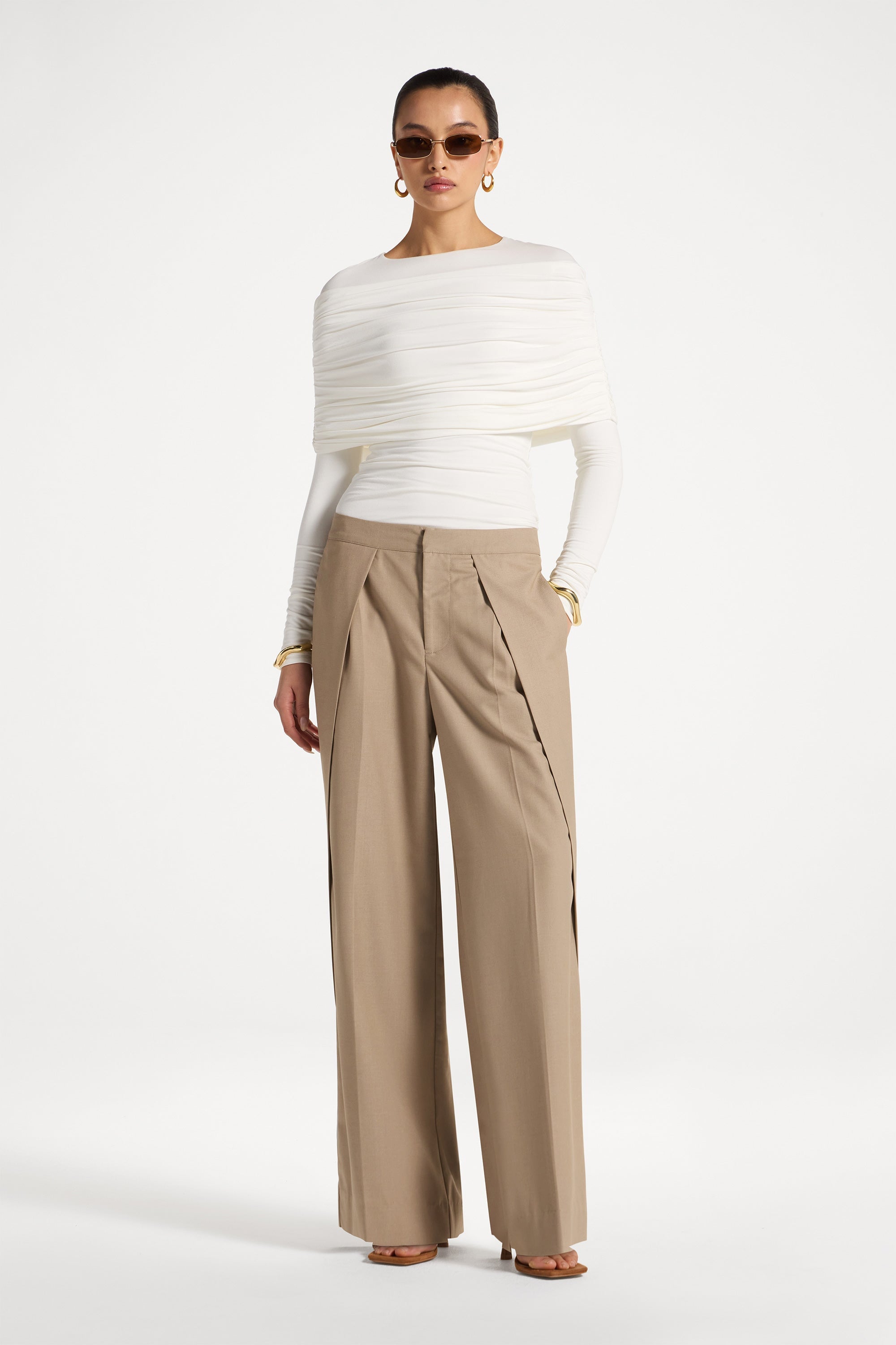 Pleat Front Wide Leg Pants - Warm Taupe Abayas Veiled 