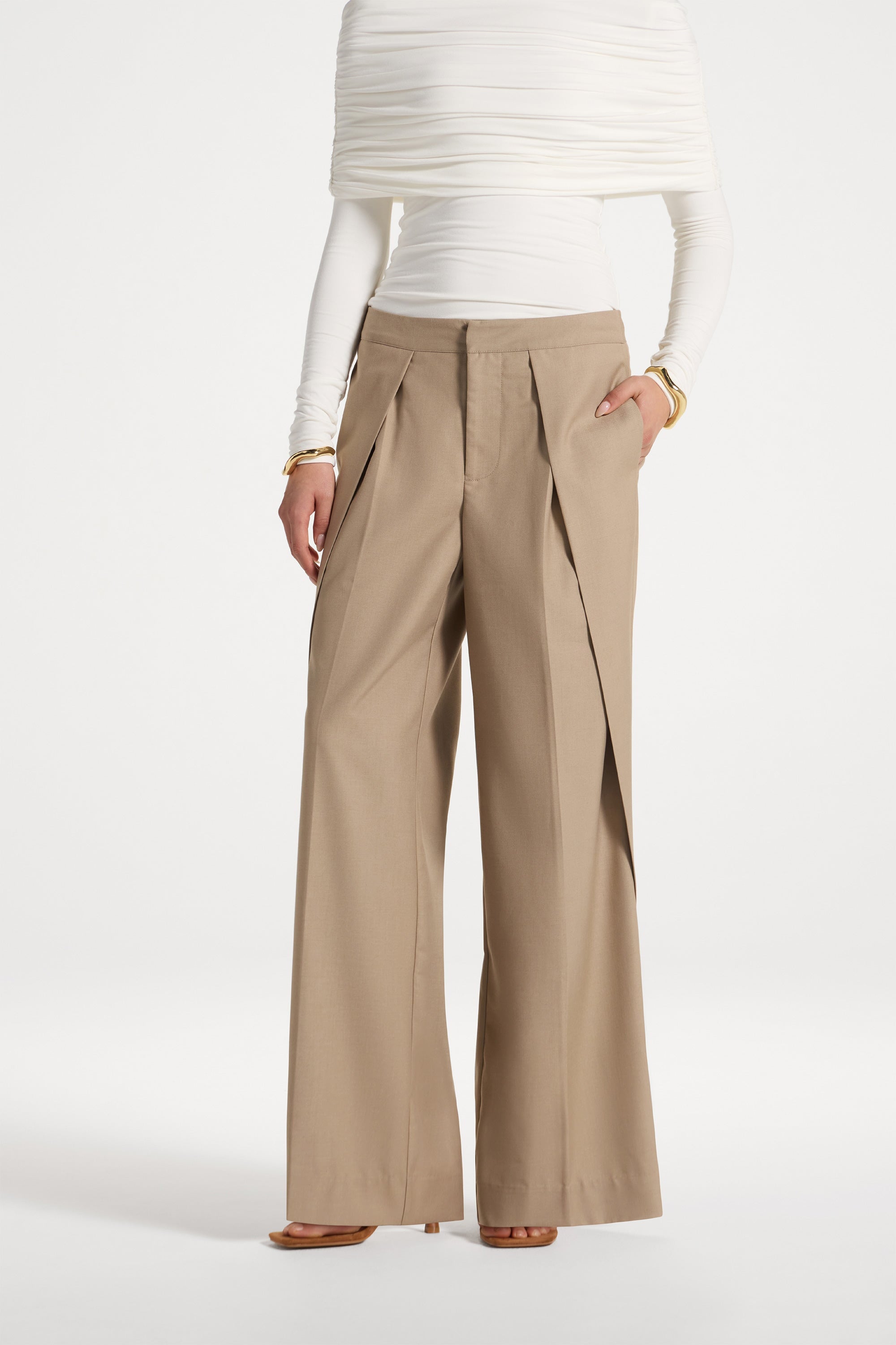 Pleat Front Wide Leg Pants - Warm Taupe Abayas Veiled 