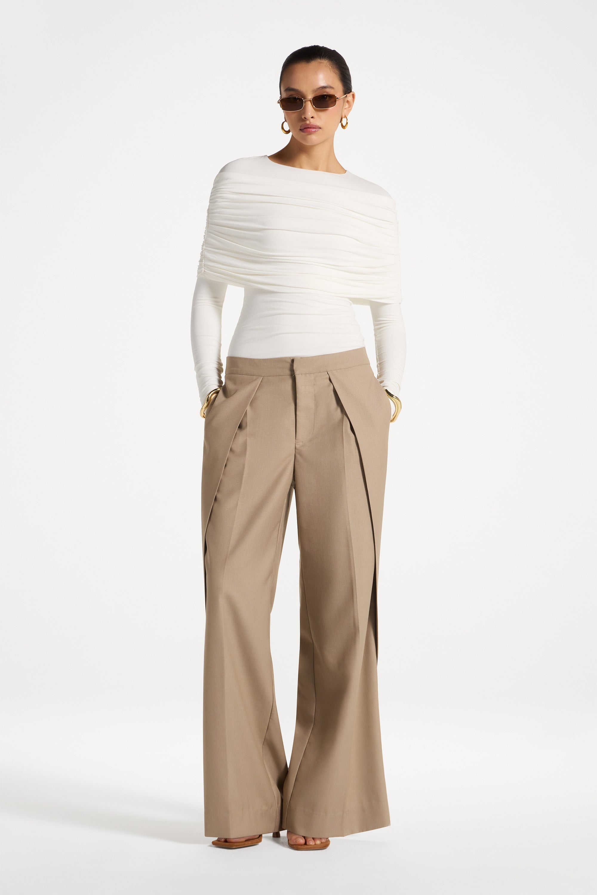 Pleat Front Wide Leg Pants - Warm Taupe