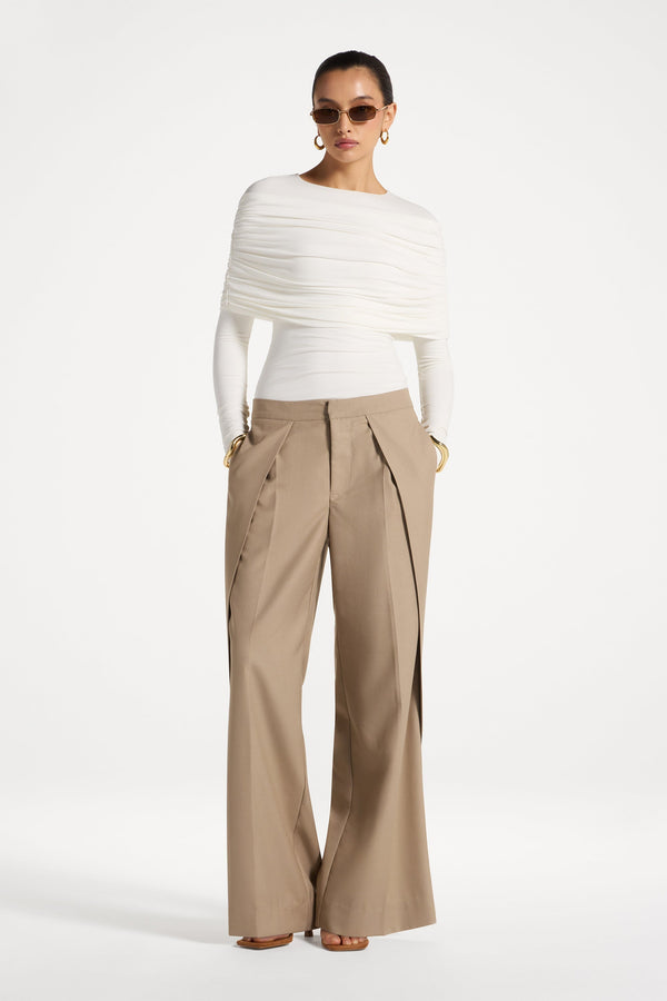 Pleat Front Wide Leg Pants - Warm Taupe Abayas Veiled 