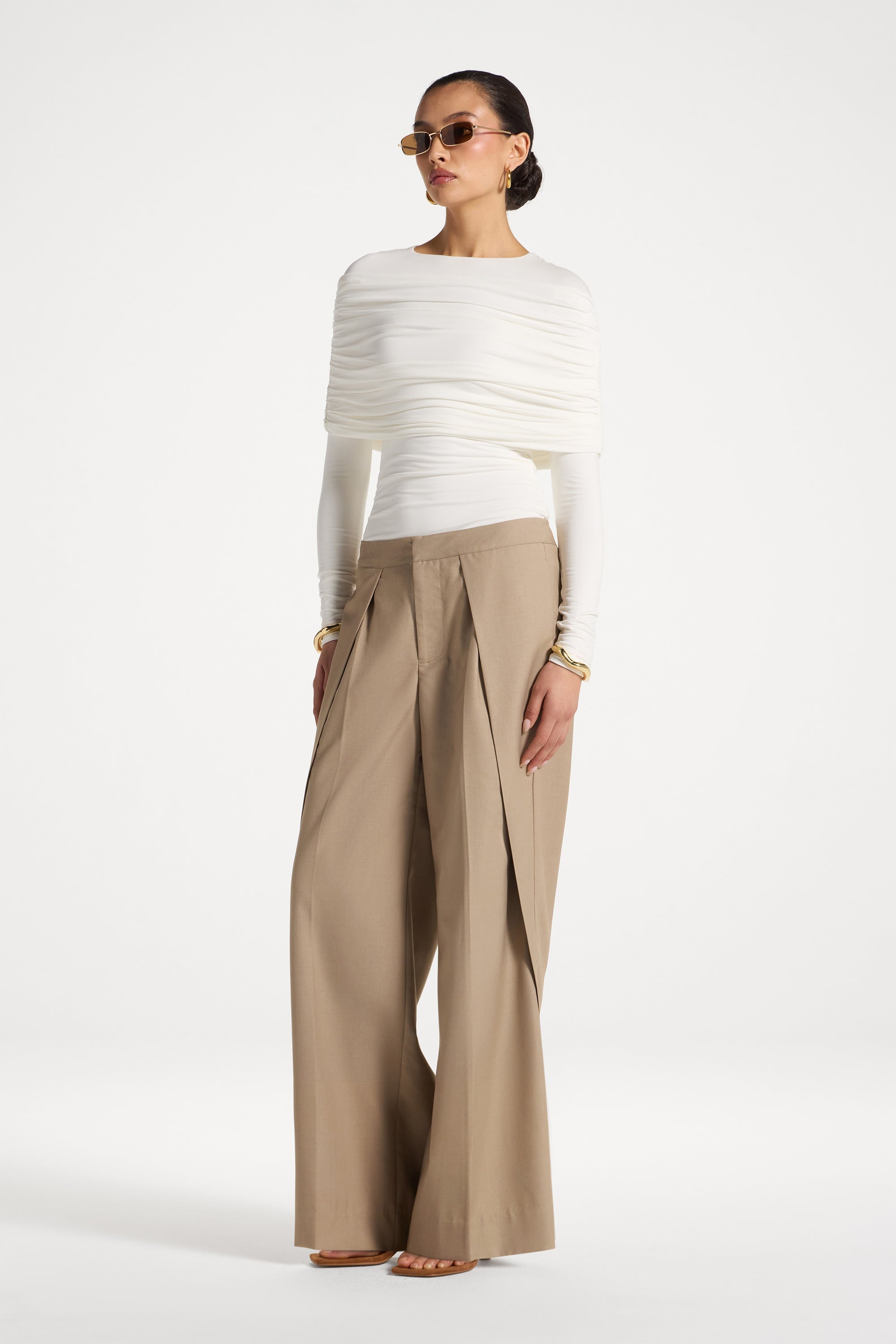 Pleat Front Wide Leg Pants - Warm Taupe Abayas Veiled 