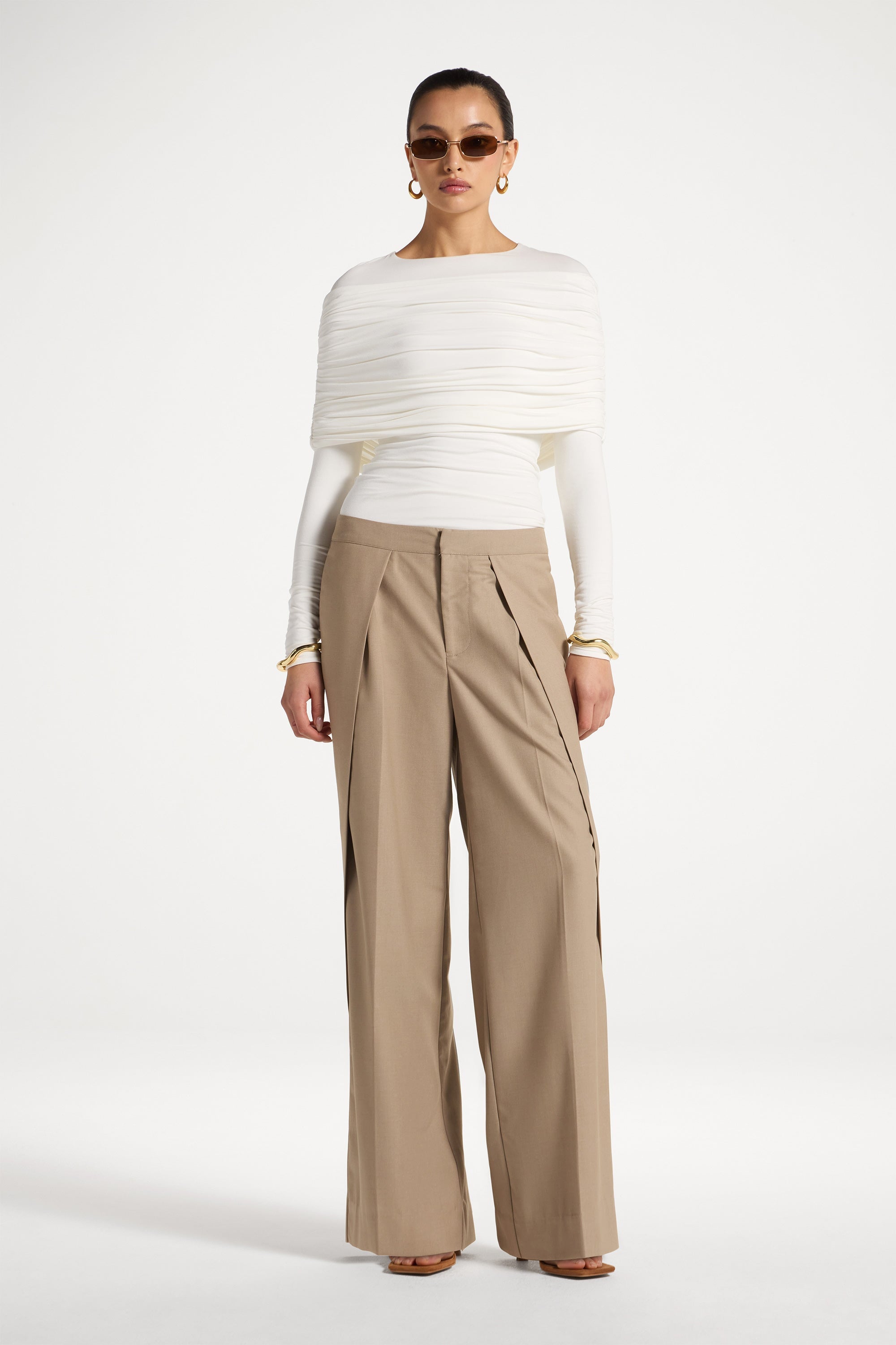Pleat Front Wide Leg Pants - Warm Taupe Abayas Veiled 