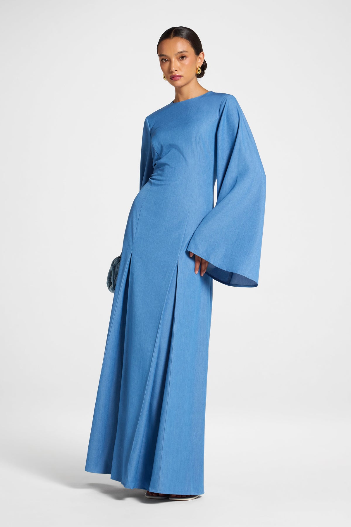 Pleated Dress - Mid Wash Denim Dress Veiled 