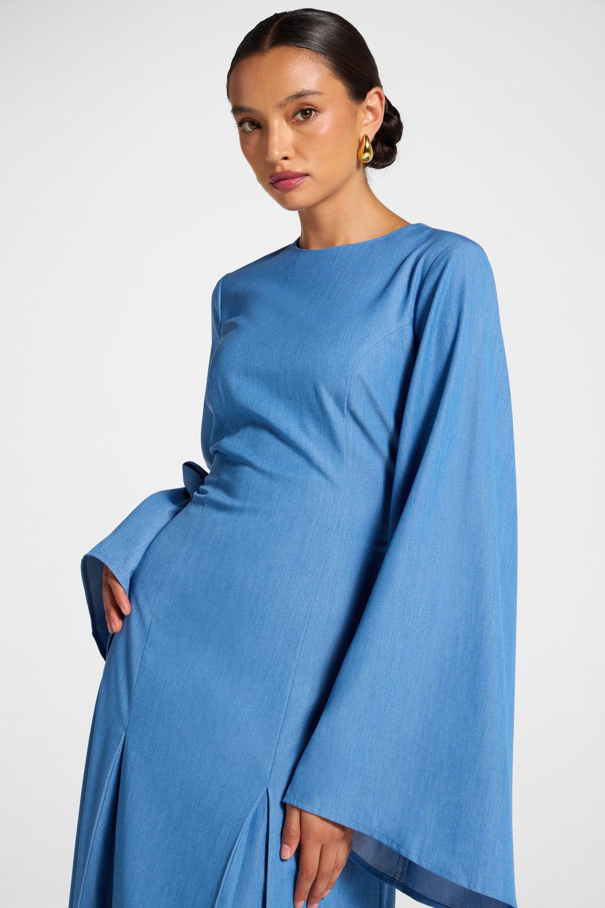 Pleated Dress - Mid Wash Denim Dress Veiled 