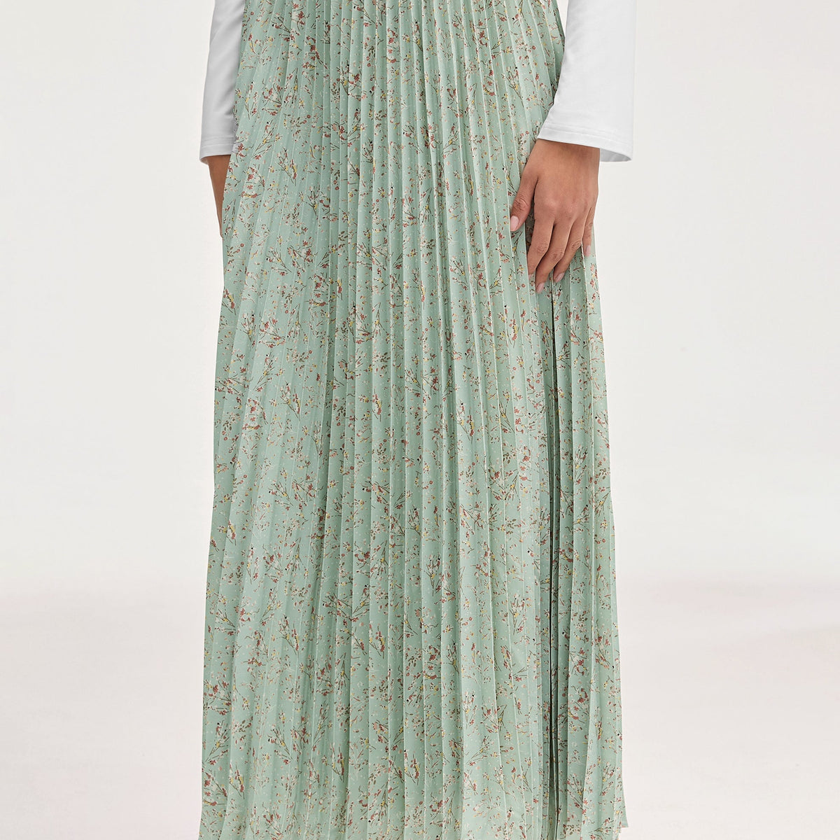 Pleated Floral Maxi Skirt Sage