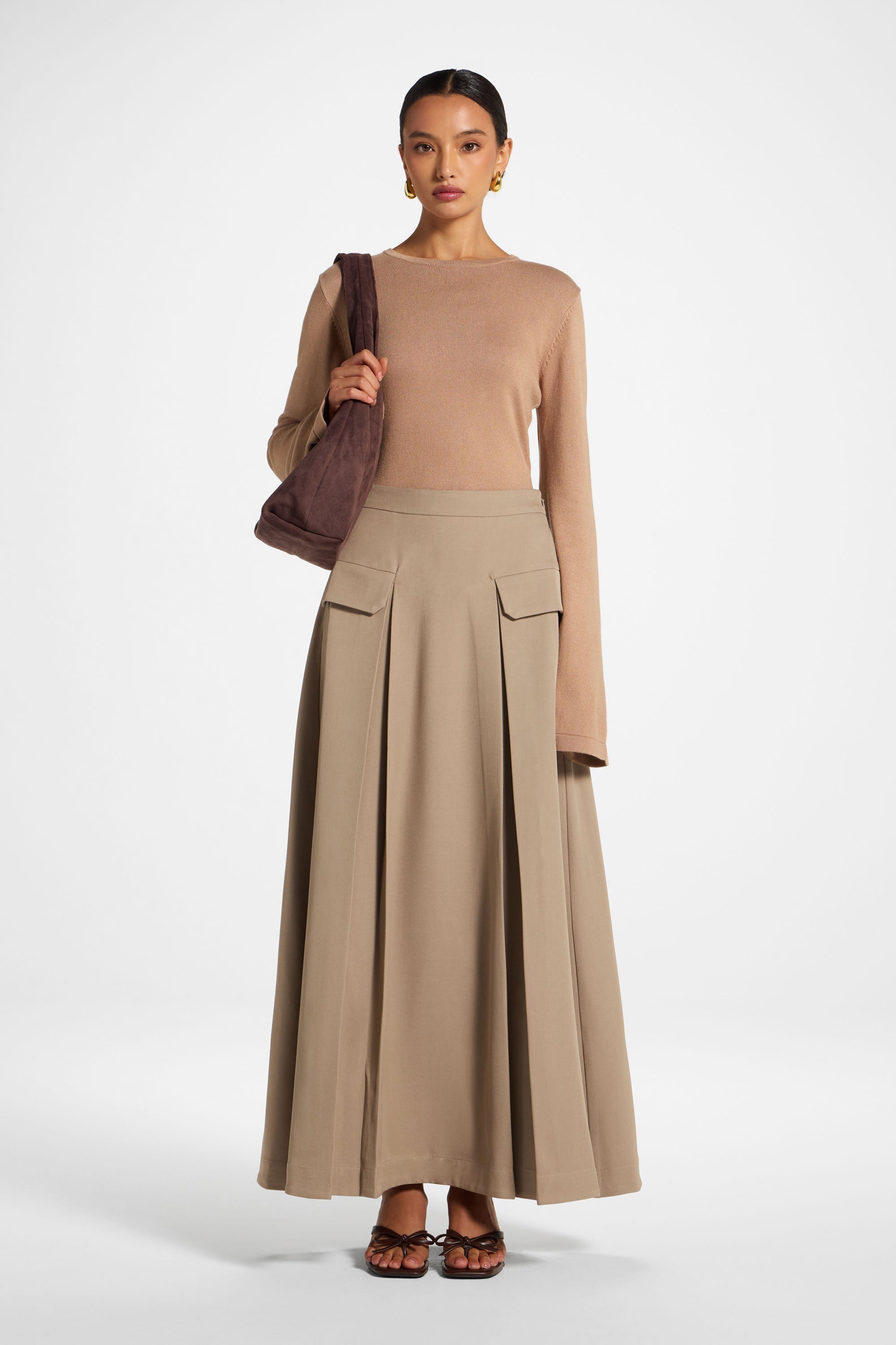 Pleated Maxi Skirt - Taupe Skirt Veiled 