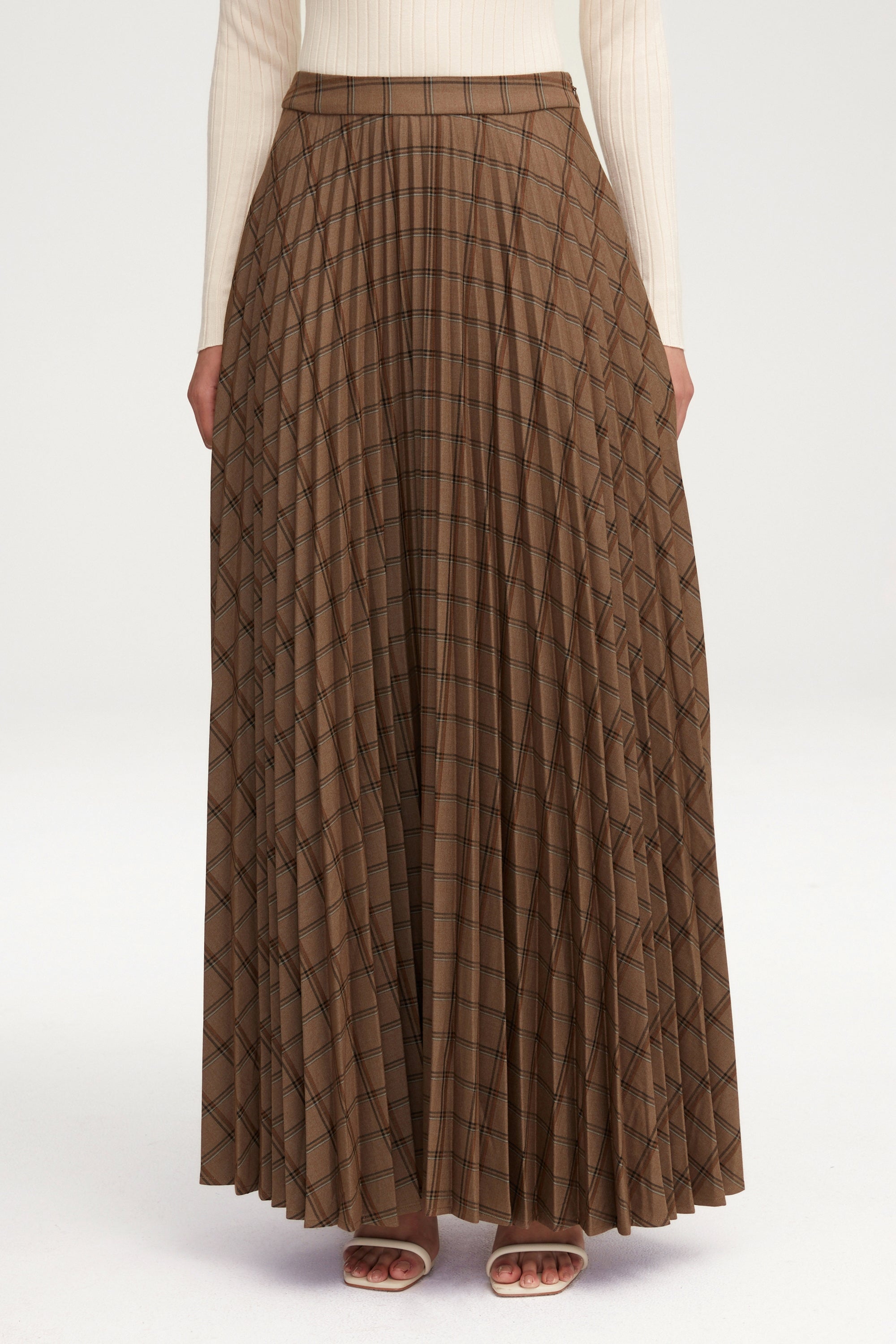 Pleated Plaid A Line Maxi Skirt Brown