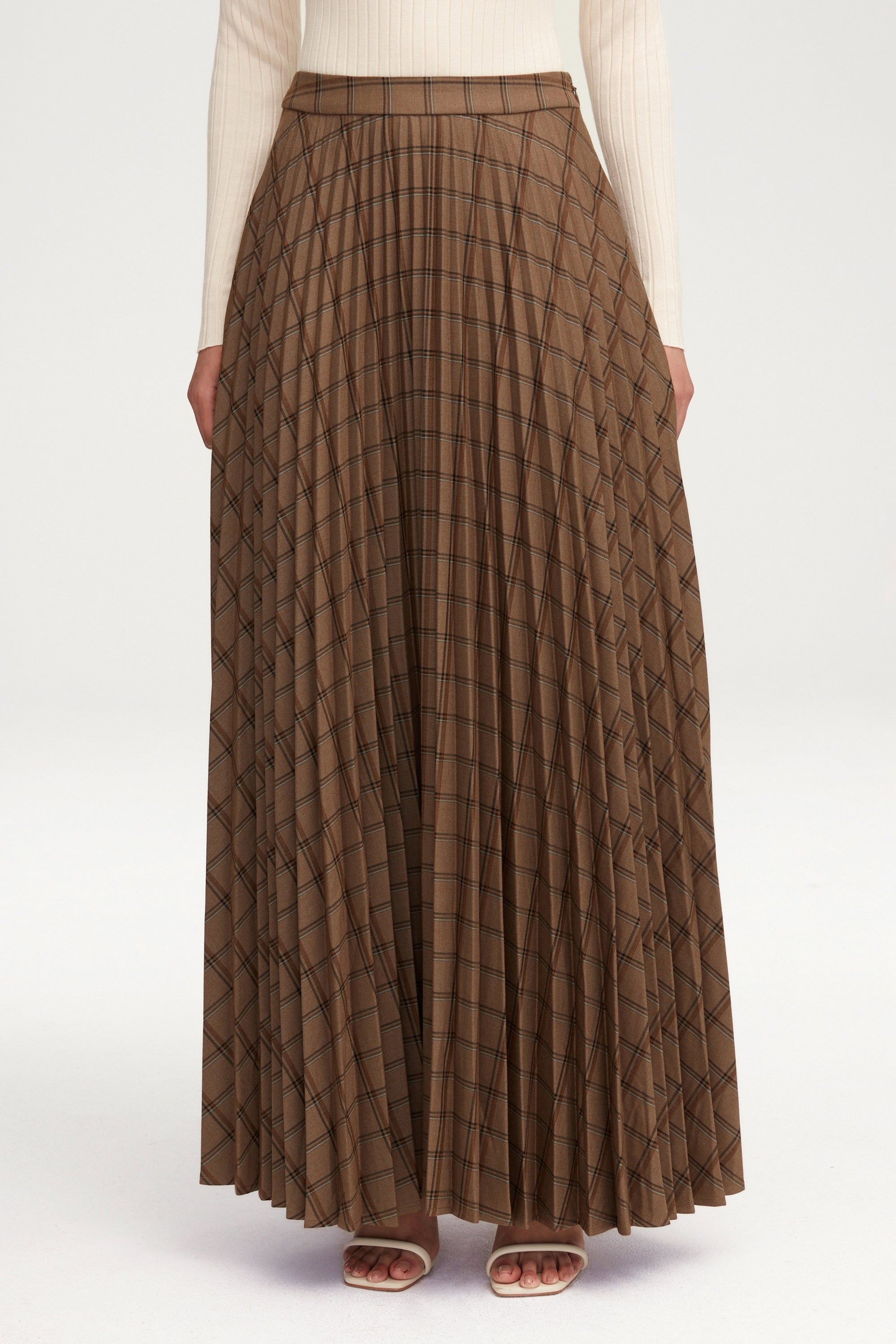 Pleated Plaid A Line Maxi Skirt - Brown Clothing Veiled 