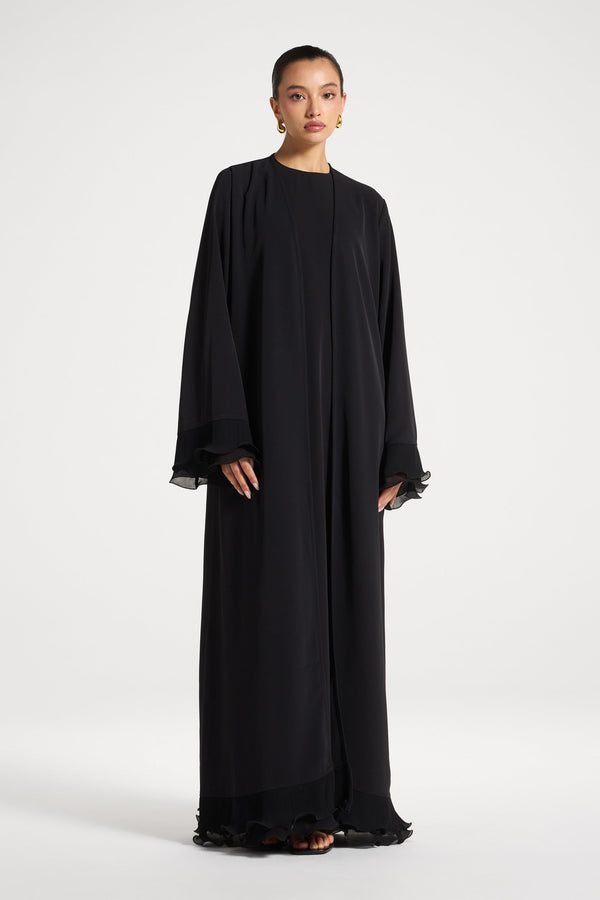 Pleated Sleeve Open Abaya - Black Abayas Veiled 