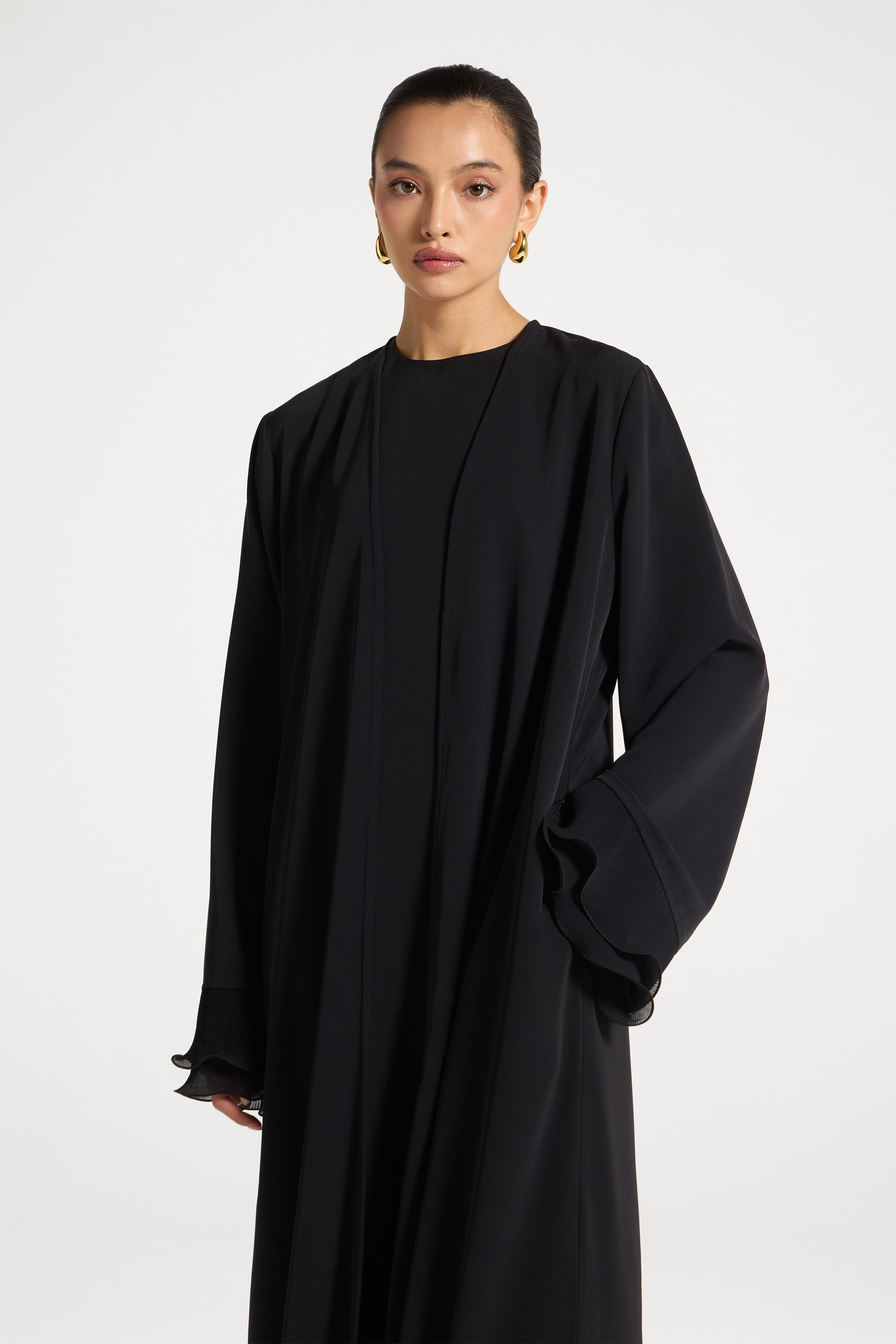 Pleated Sleeve Open Abaya - Black Abayas Veiled 
