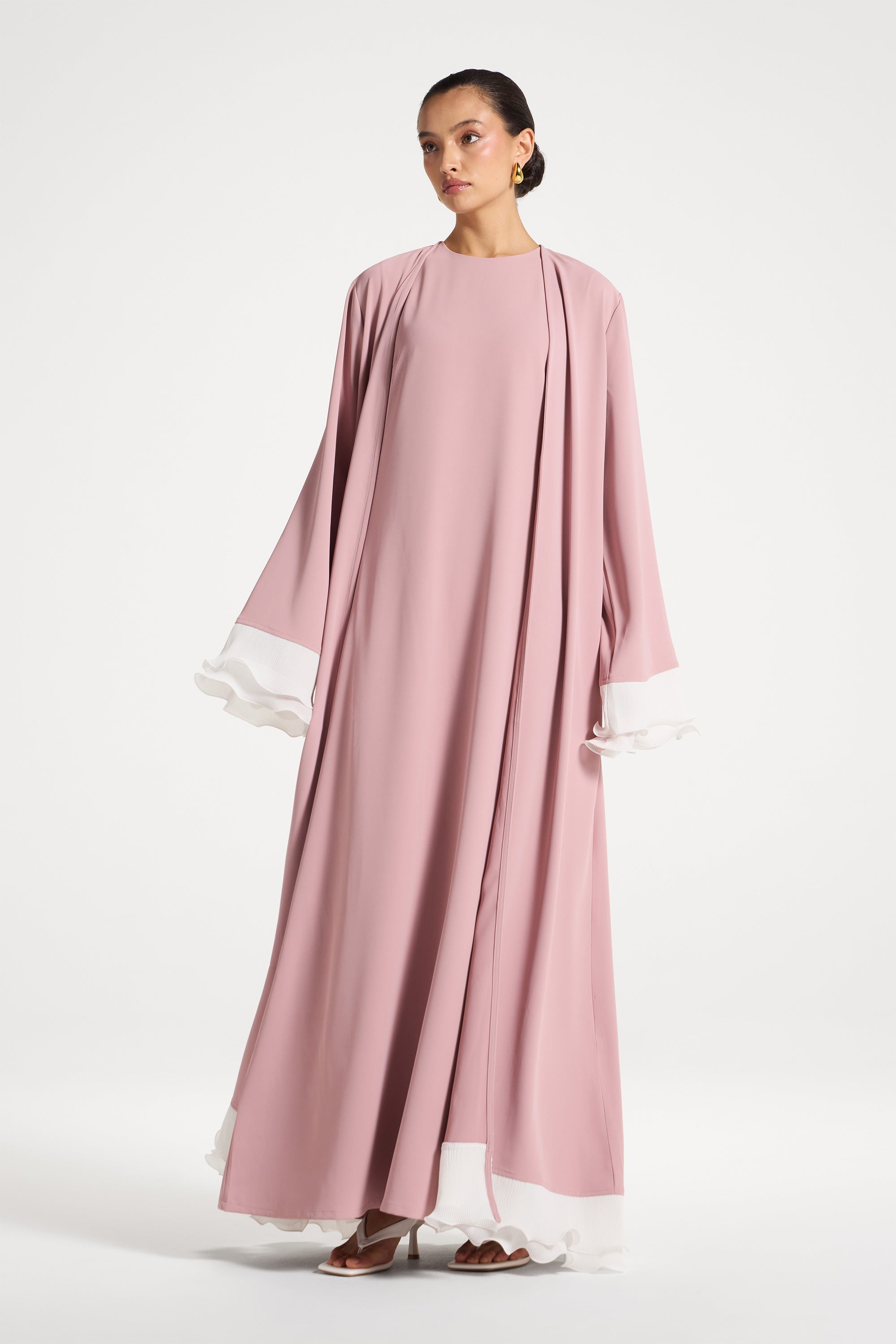 Pleated Sleeve Open Abaya - Pink Abayas Veiled 