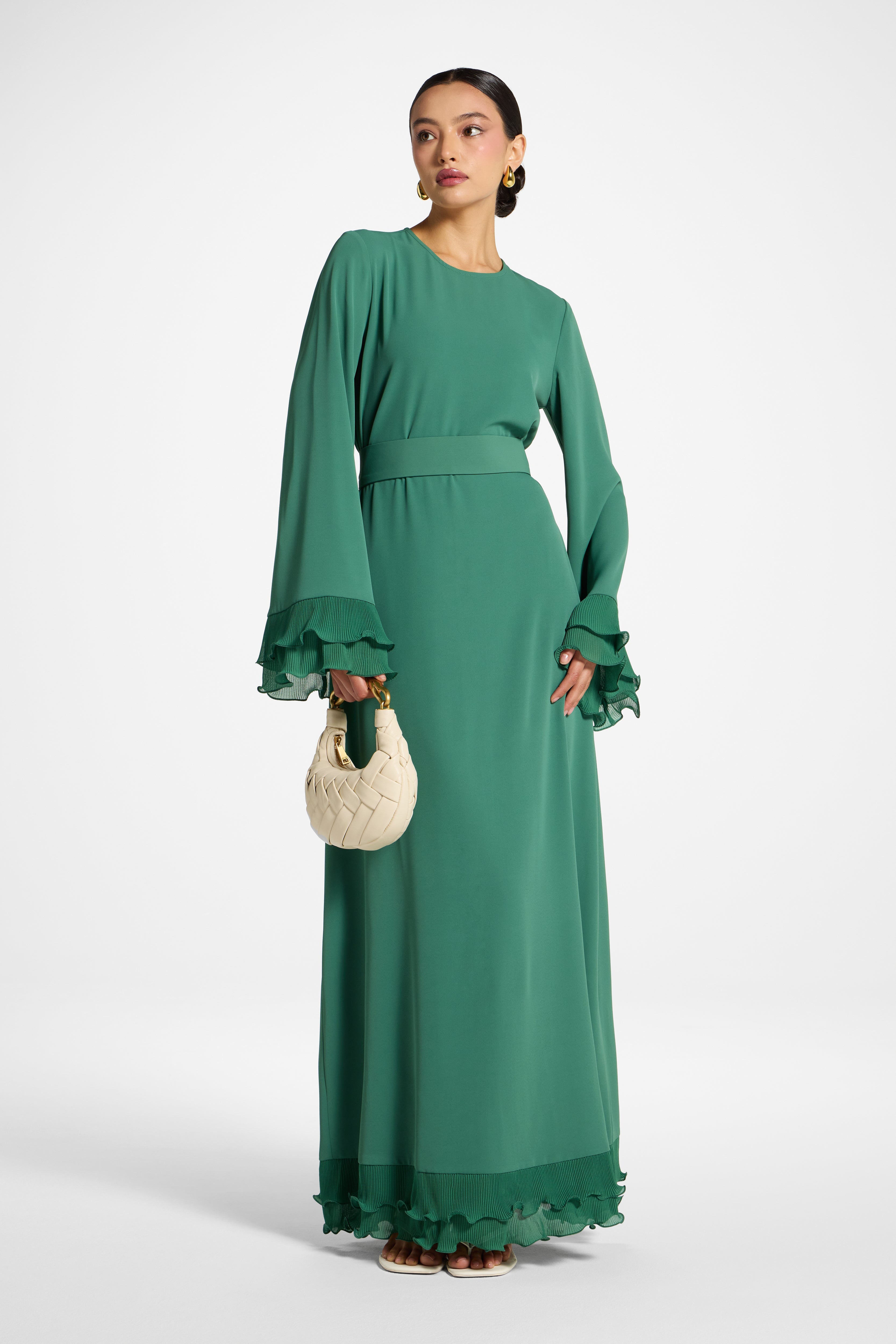 Plisse Sleeve Maxi Dress - Basil Abayas Veiled 