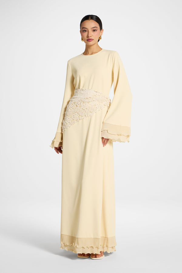 Plisse Sleeve Maxi Dress - Custard Abayas Veiled 