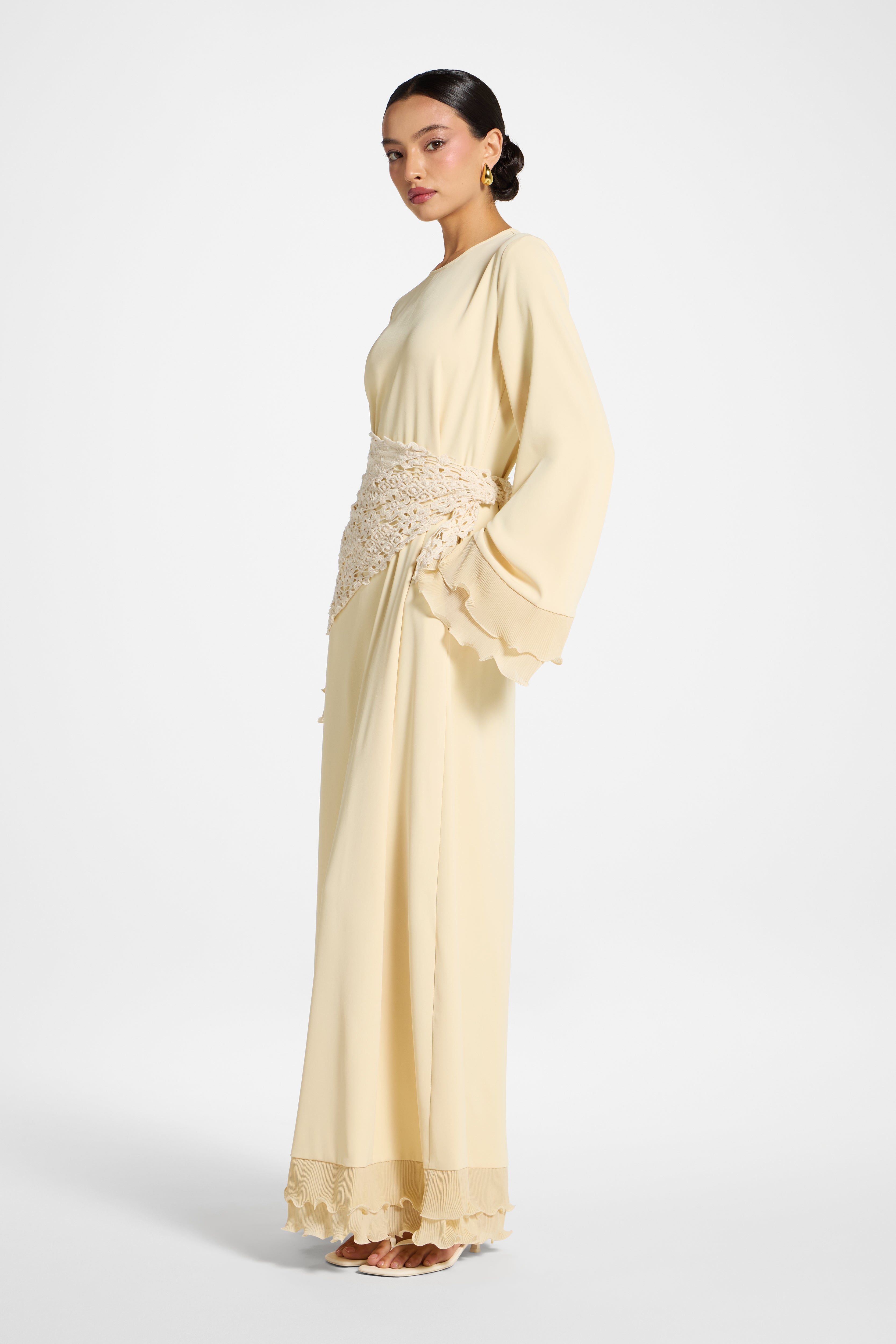 Plisse Sleeve Maxi Dress - Custard Abayas Veiled 