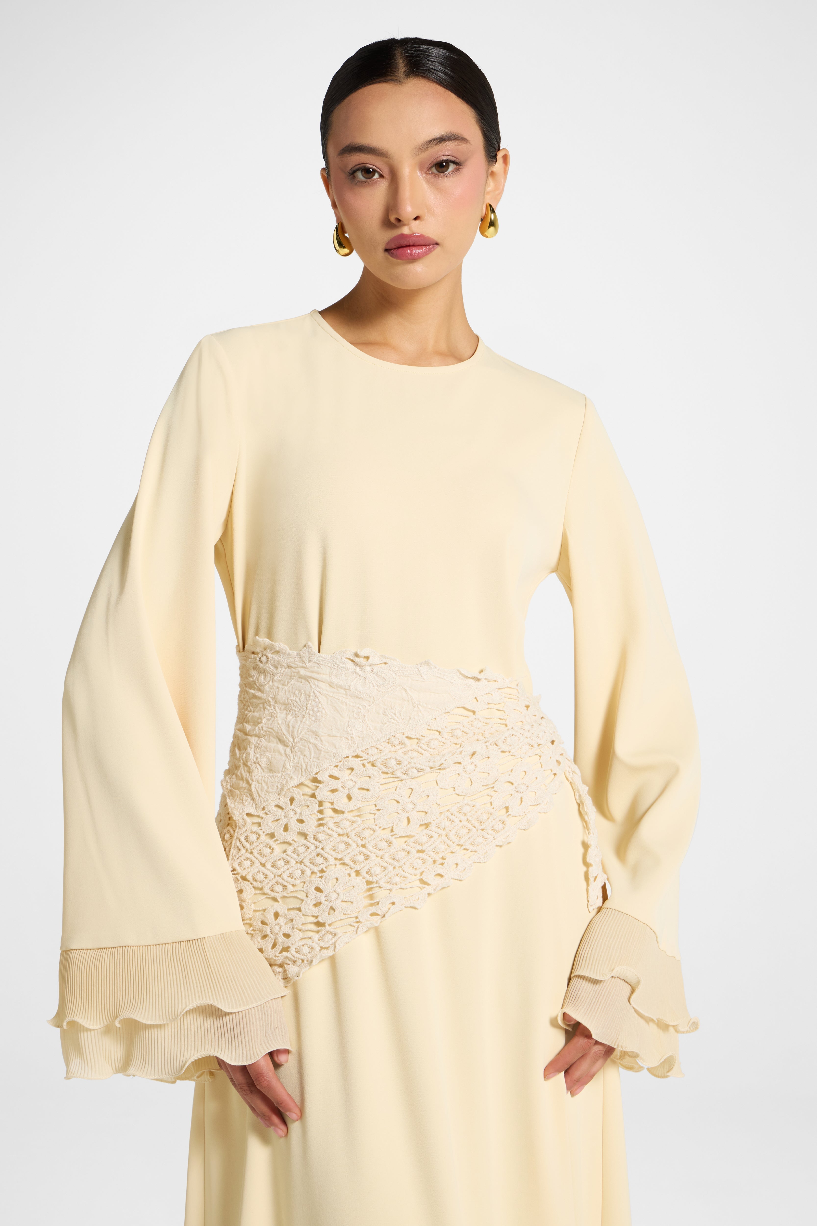 Plisse Sleeve Maxi Dress - Custard Abayas Veiled 