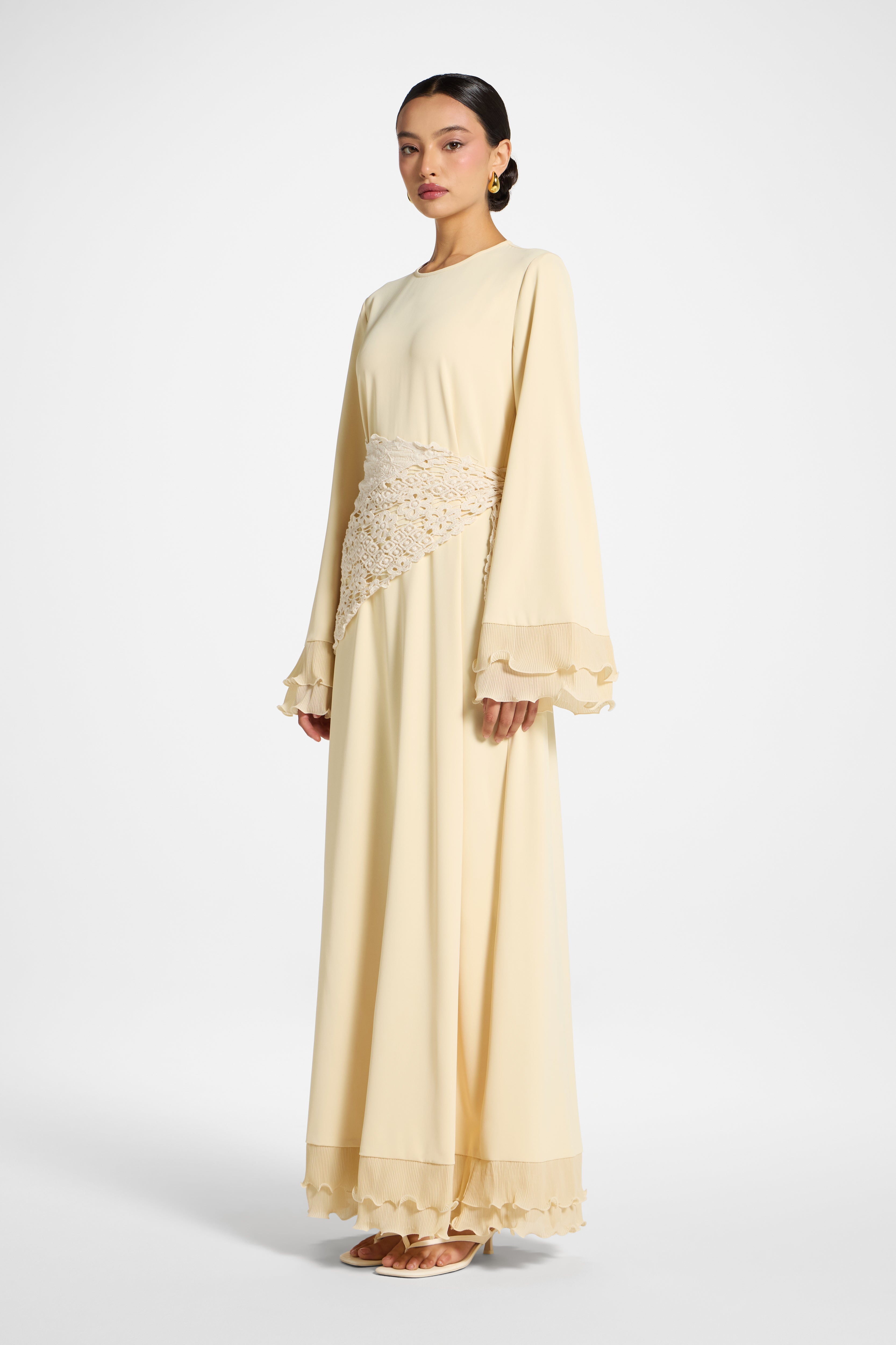 Plisse Sleeve Maxi Dress - Custard Abayas Veiled 