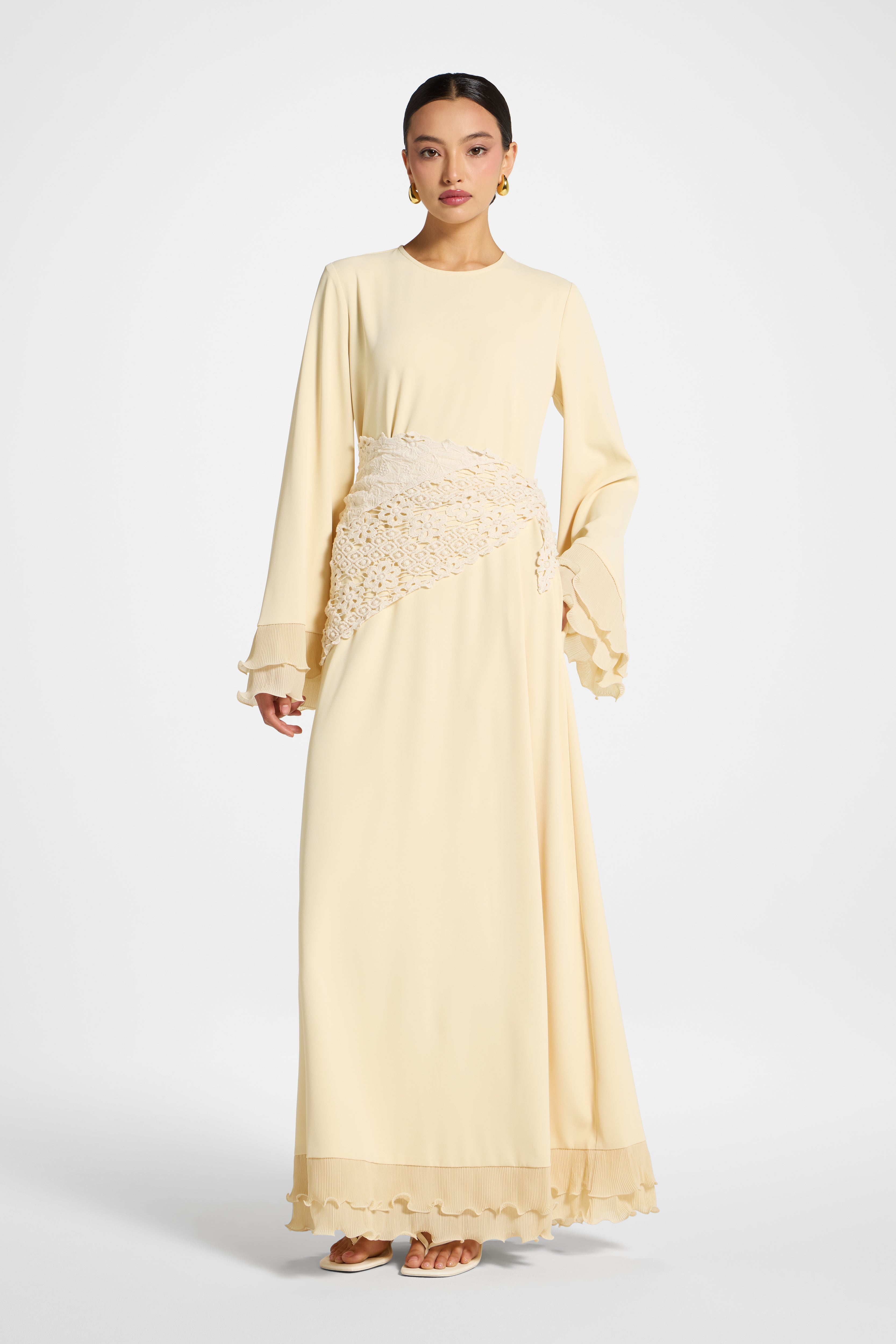 Plisse Sleeve Maxi Dress - Custard Abayas Veiled 