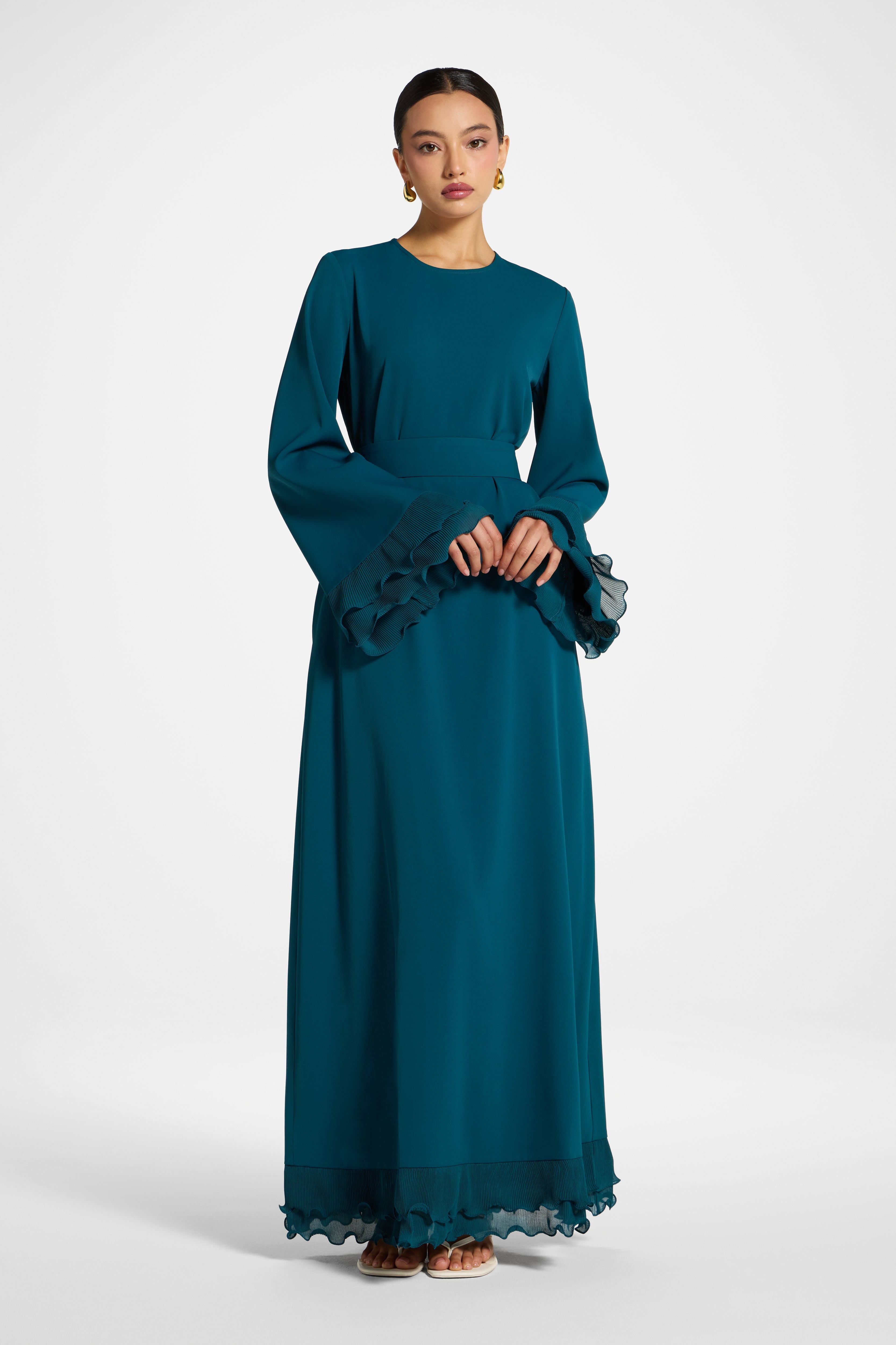 Plisse Sleeve Maxi Dress - Deep Sea Abayas Veiled 