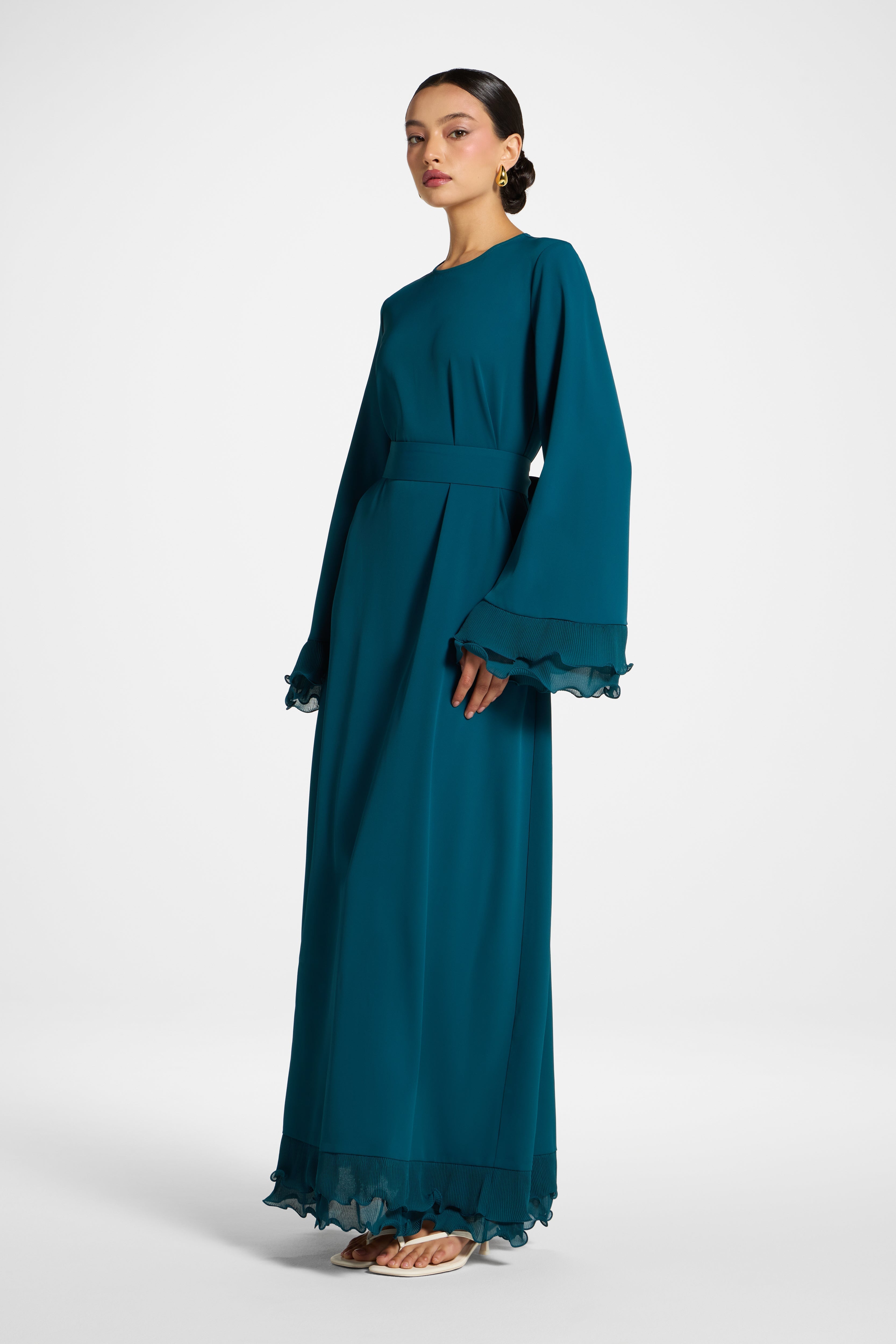 Plisse Sleeve Maxi Dress - Deep Sea Abayas Veiled 