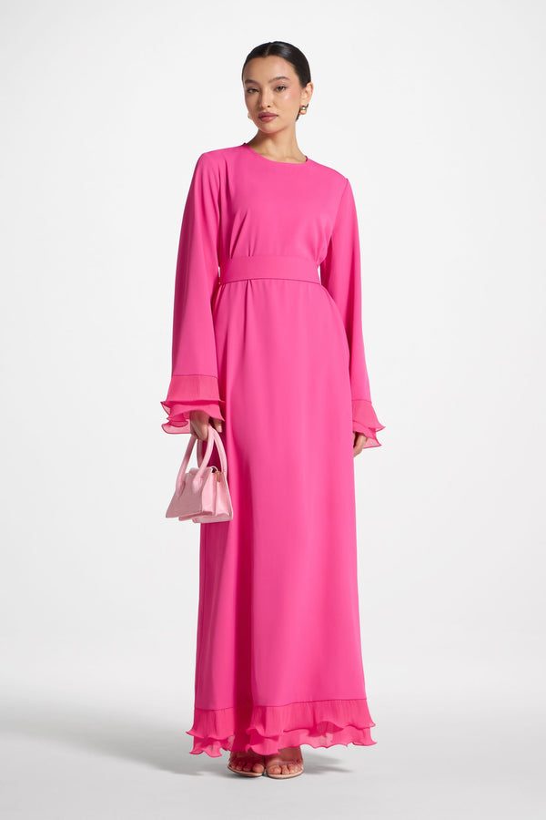 Plisse Sleeve Maxi Dress - Pink Abayas Veiled 
