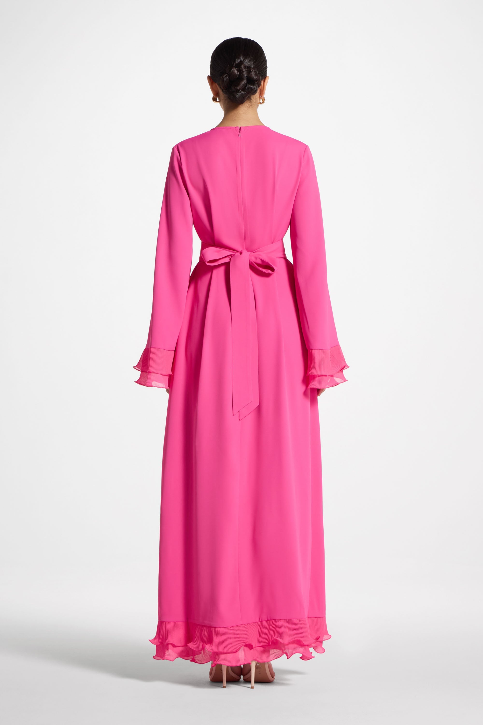 Plisse Sleeve Maxi Dress - Pink Abayas Veiled 