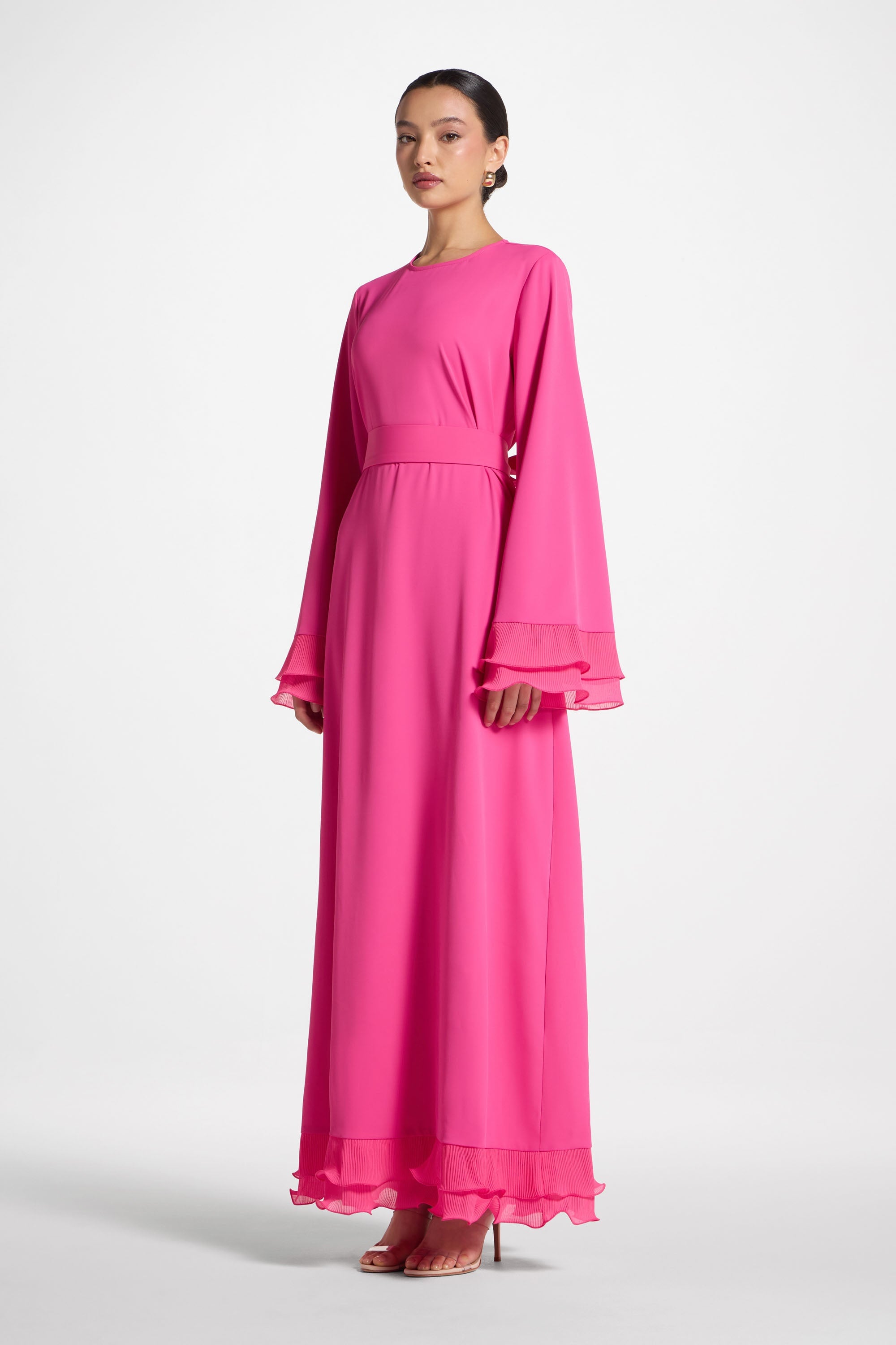 Plisse Sleeve Maxi Dress - Pink Abayas Veiled 