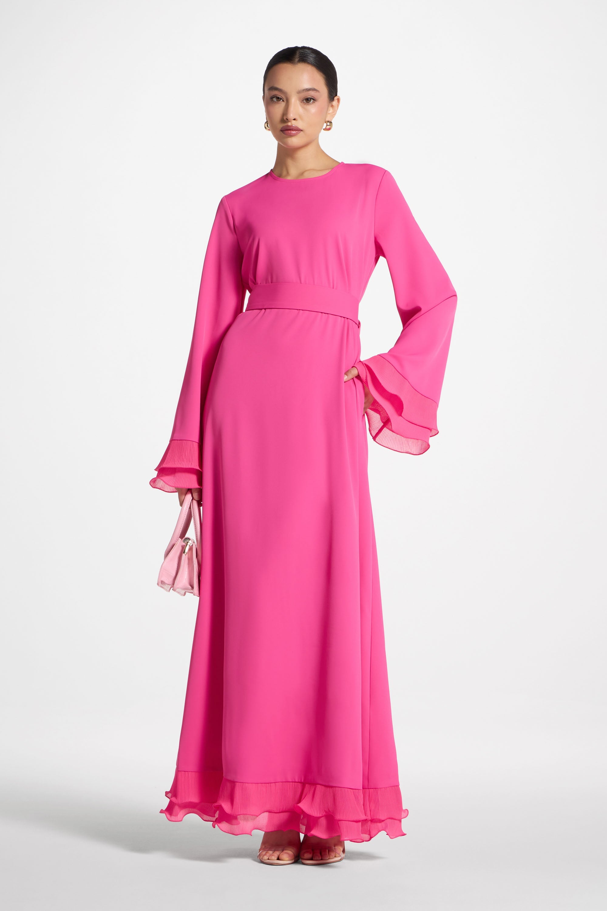 Plisse Sleeve Maxi Dress - Pink Abayas Veiled 
