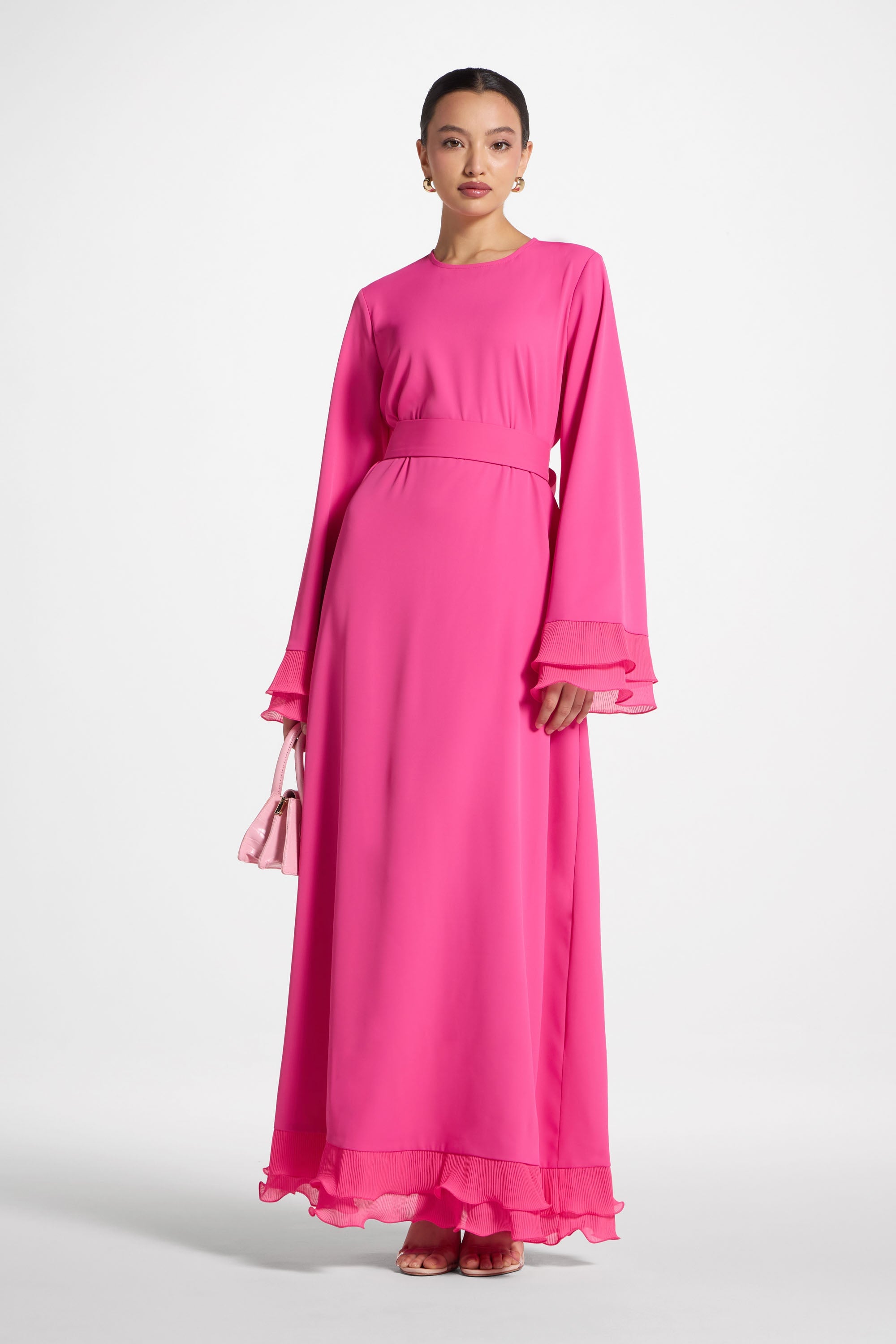 Plisse Sleeve Maxi Dress - Pink Abayas Veiled 
