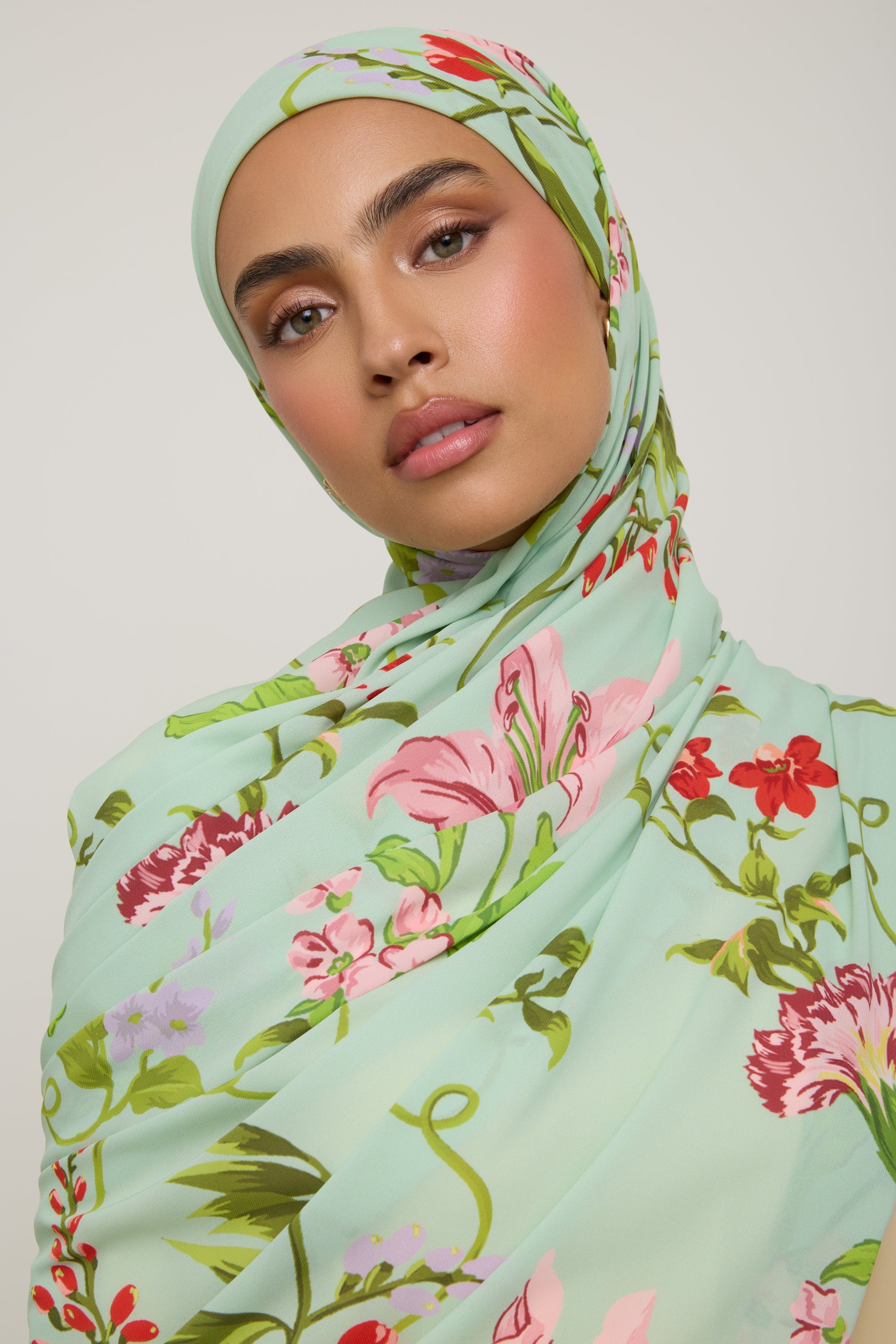 Printed Chiffon Hijab - Pastel Green Floral Hijab Veiled 