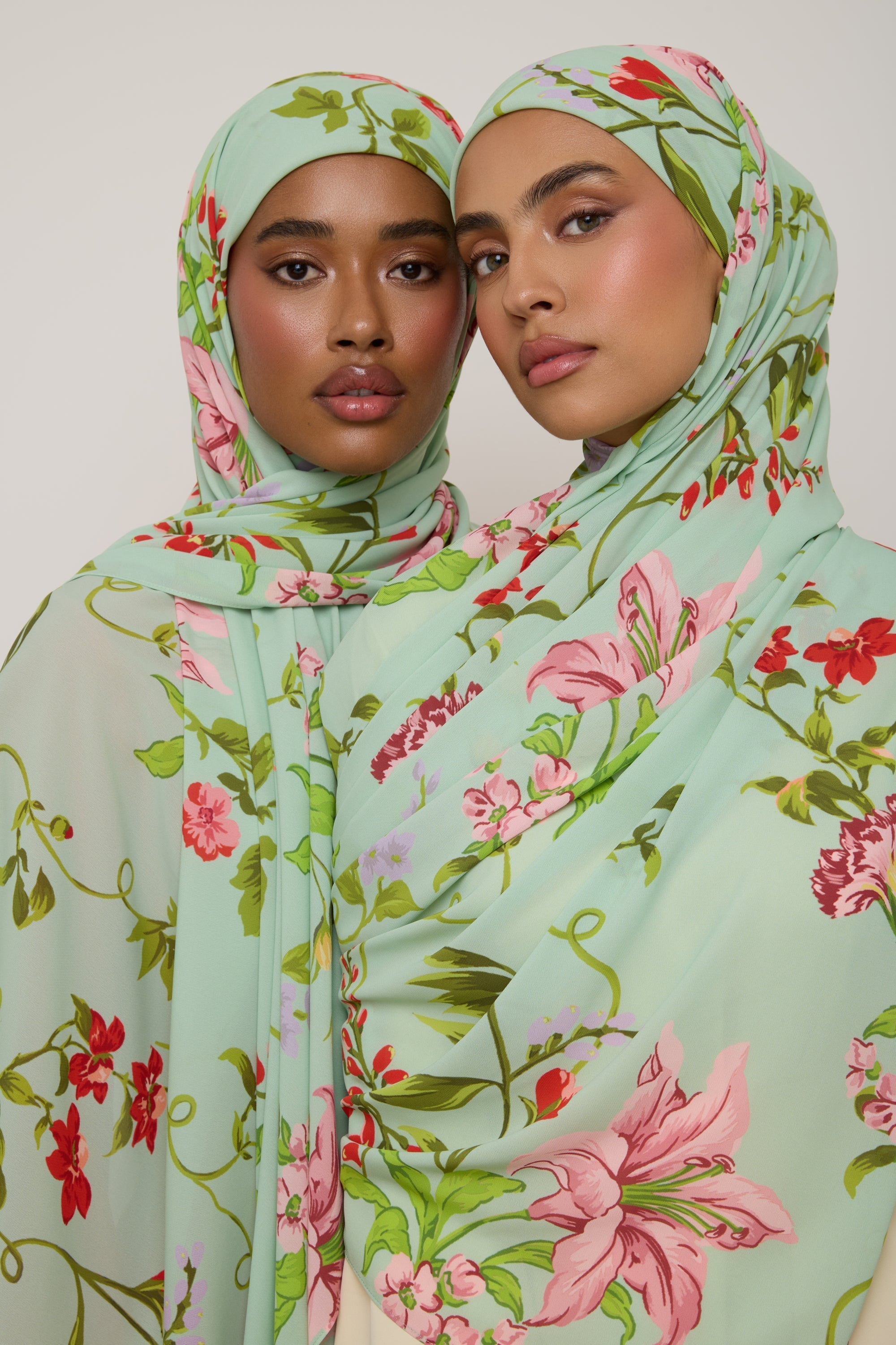 Printed Chiffon Hijab - Pastel Green Floral Hijab Veiled 