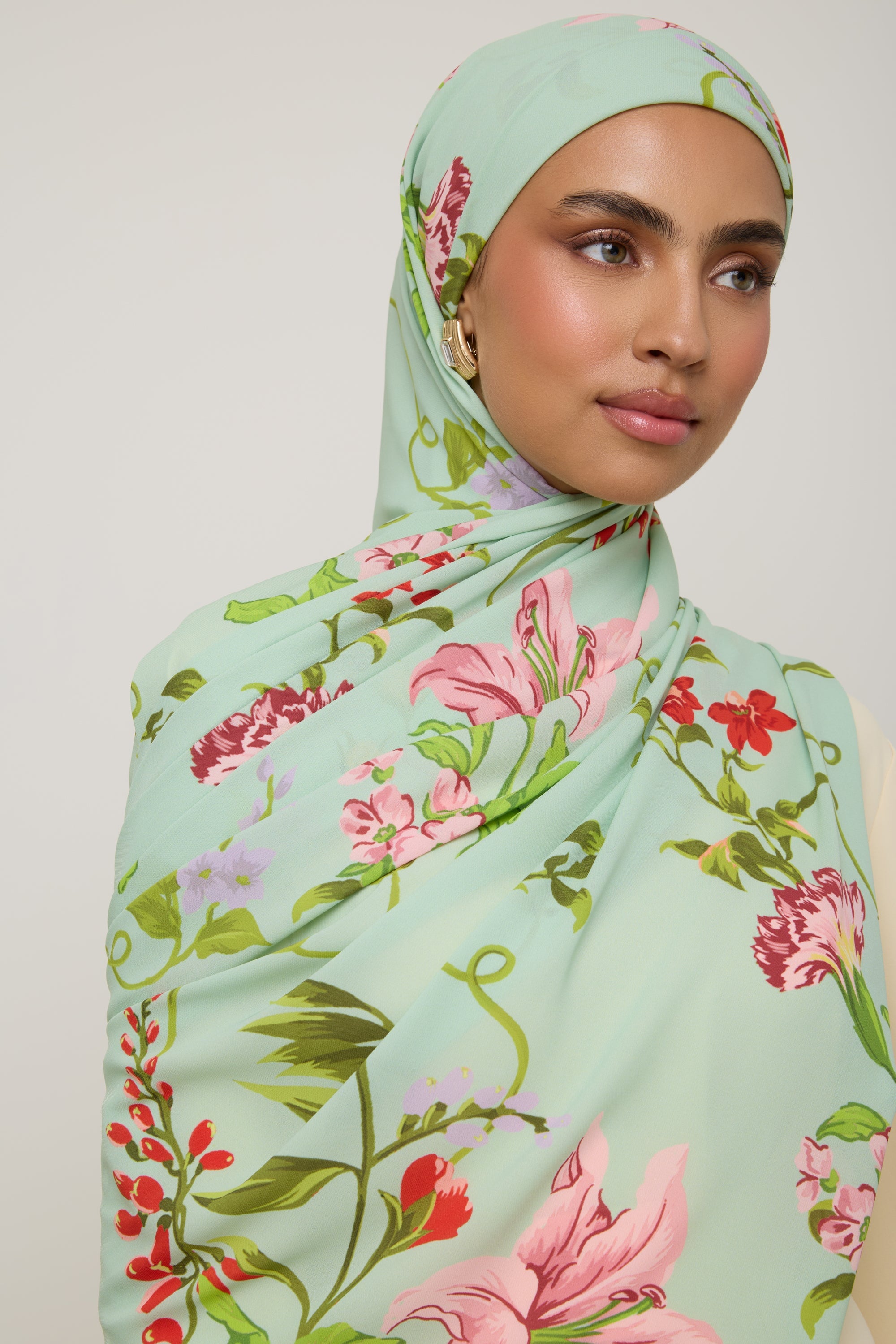 Printed Chiffon Hijab - Pastel Green Floral Hijab Veiled 