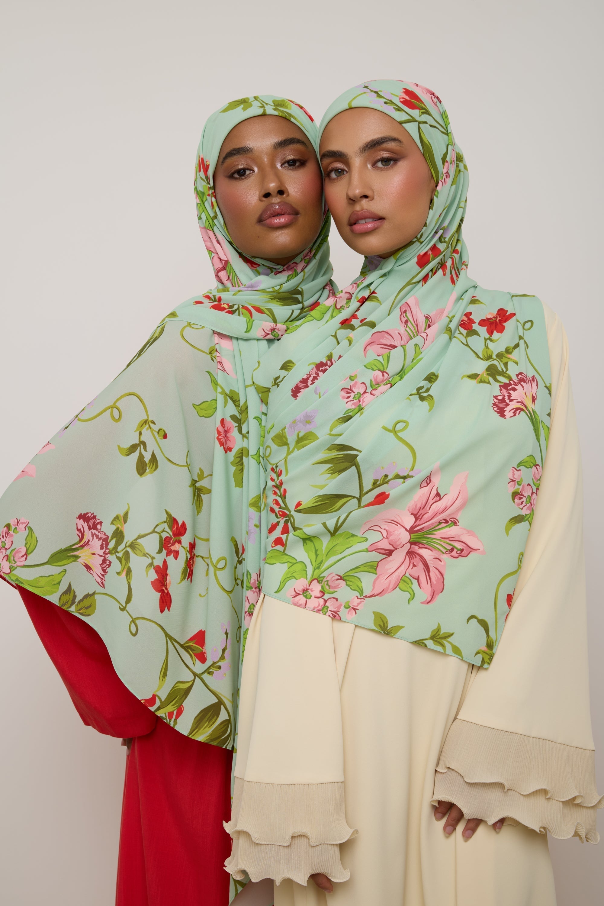 Printed Chiffon Hijab - Pastel Green Floral Hijab Veiled 